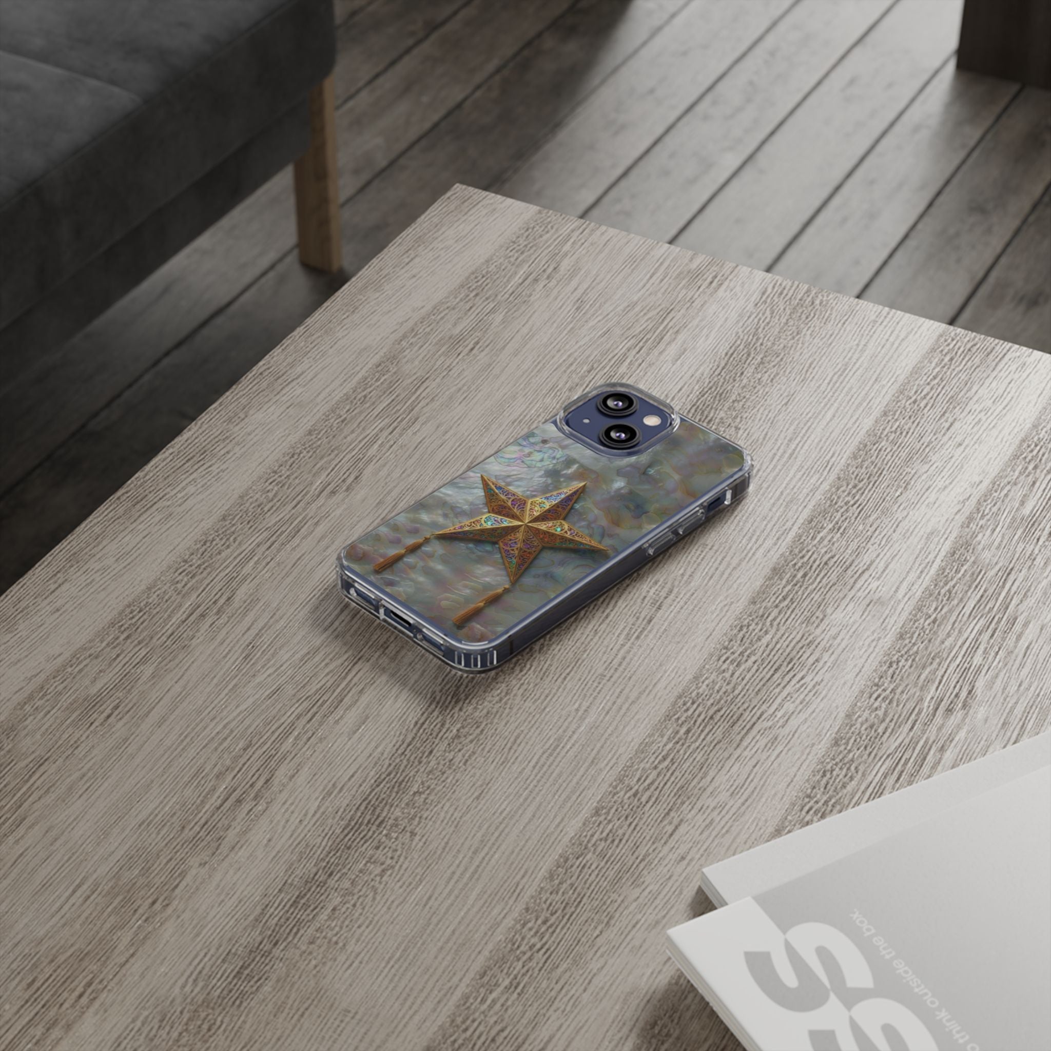 Golden Star Ornament Phone Case Mother of Pearl Background Nacre Texture Festive Celestial Decor Parol Inspired Shimmering Pearl Shell Gift