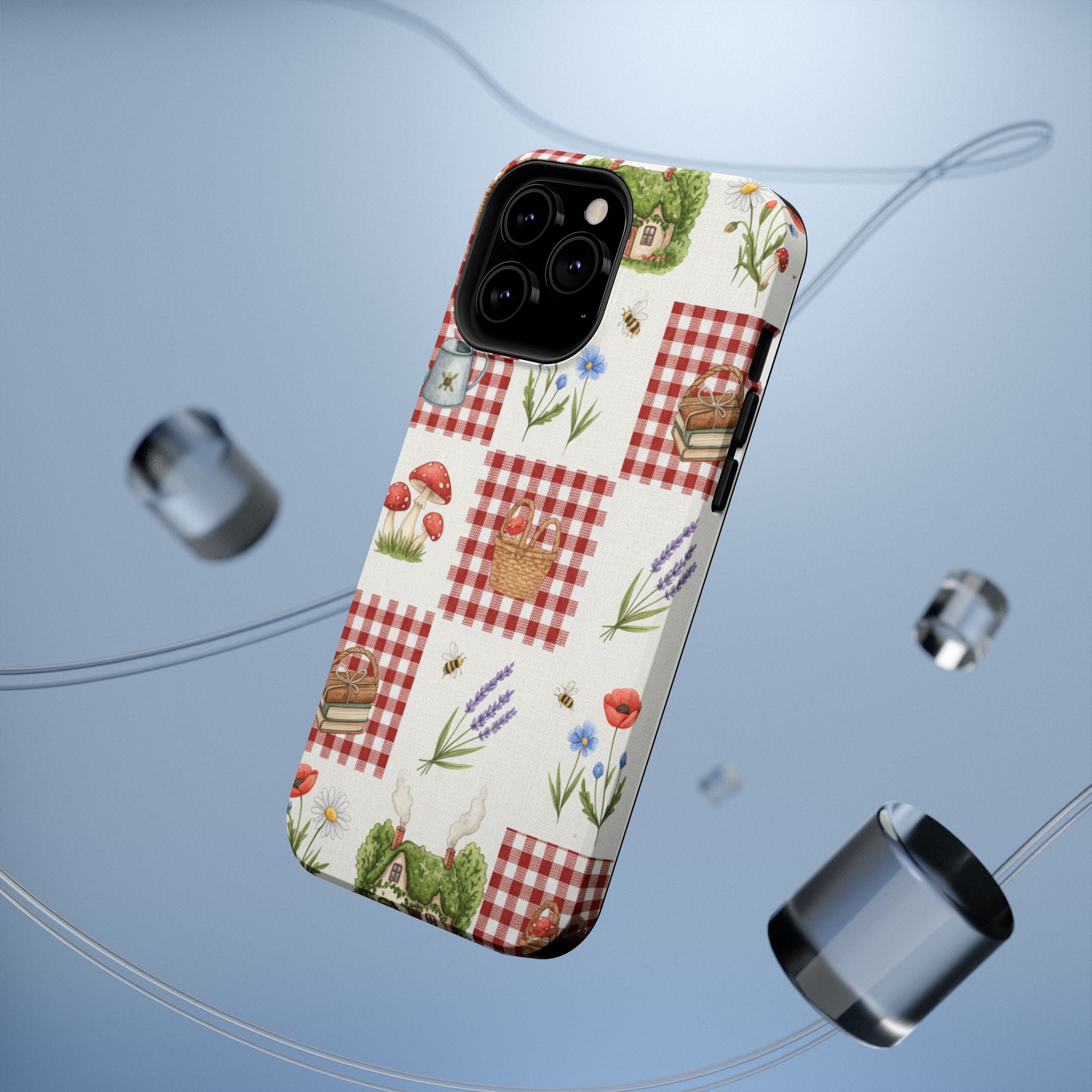 Red Gingham Check Phone Case Rustic Farmhouse Theme Watercolor Countryside Print Whimsical Floral Cell Phone Cover