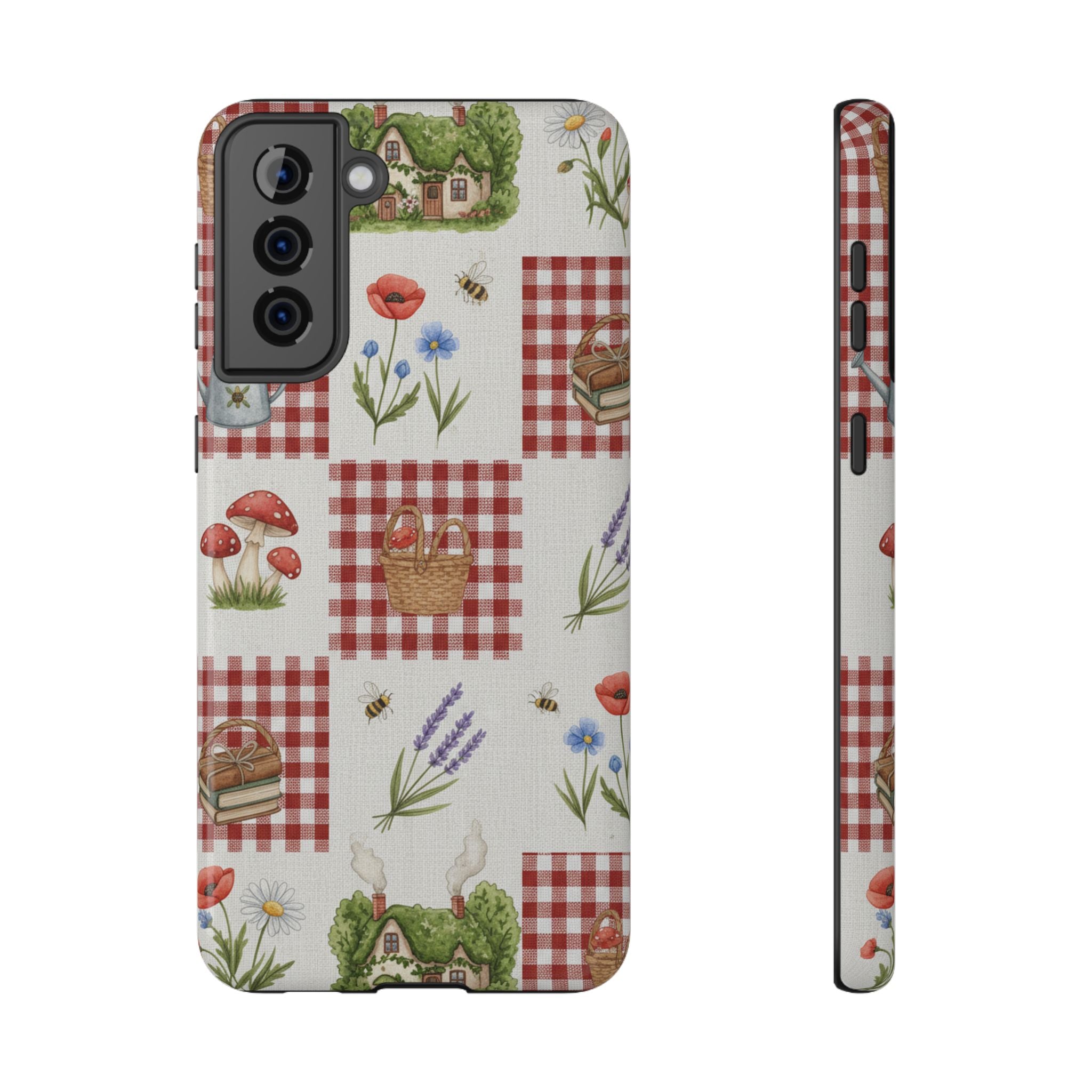 Red Gingham Check Phone Case Rustic Farmhouse Theme Watercolor Countryside Print Whimsical Floral Cell Phone Cover
