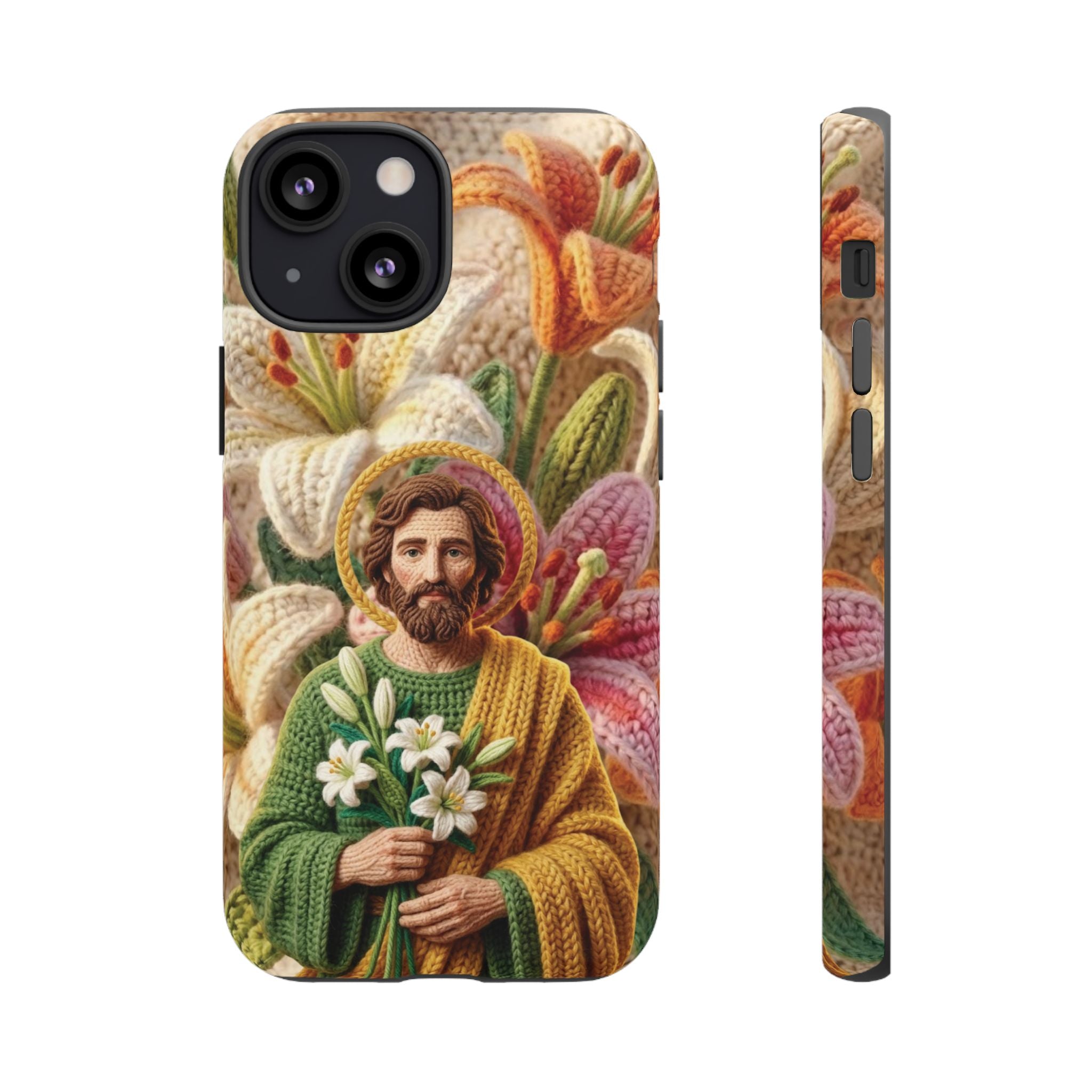 Phone Case Saint Joseph Lilies Design Holy Figure Phone Cover Faith Based Faux Yarn Saint of Workers Gift Samsung iPhone Pixel Models