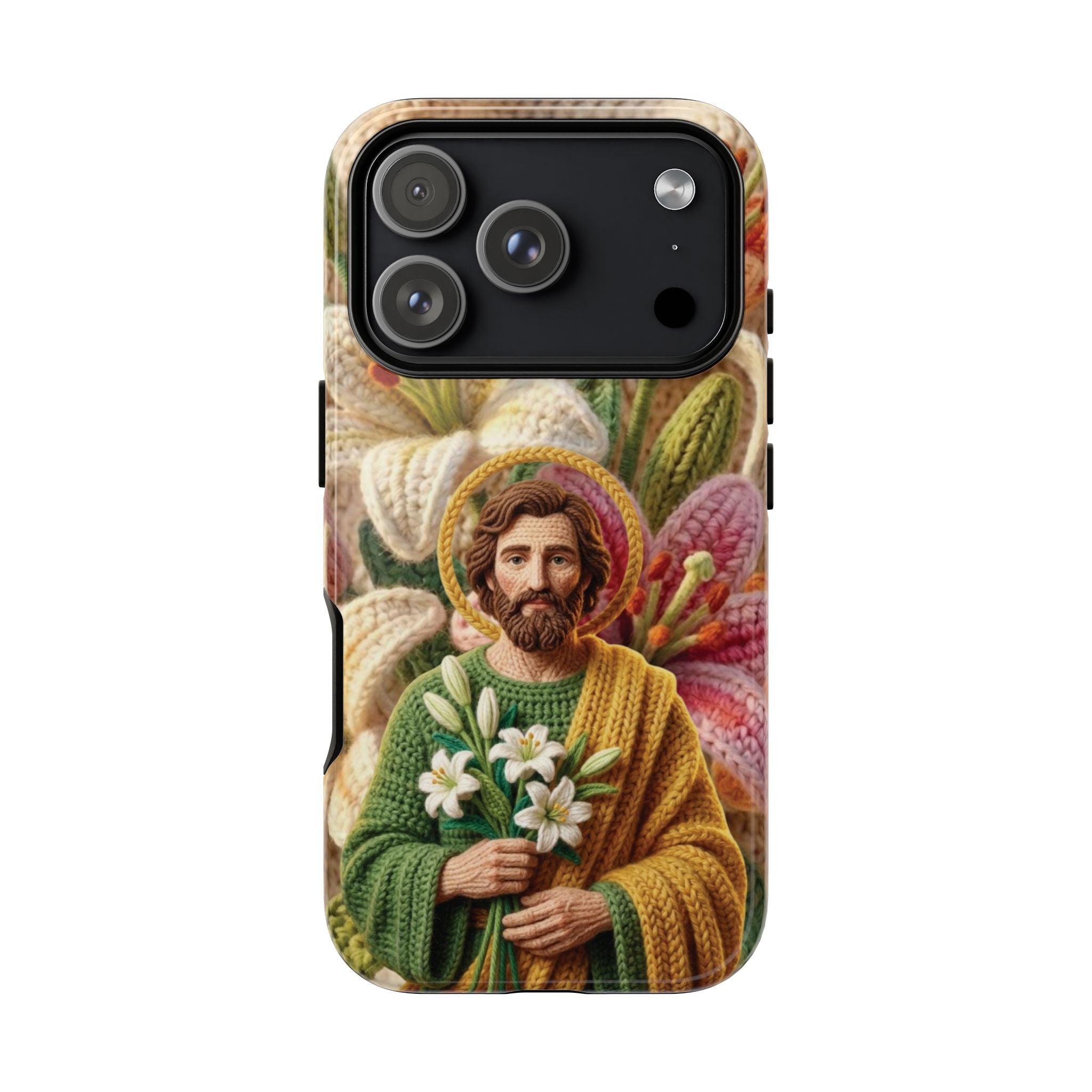 Phone Case Saint Joseph Lilies Design Holy Figure Phone Cover Faith Based Faux Yarn Saint of Workers Gift Samsung iPhone Pixel Models