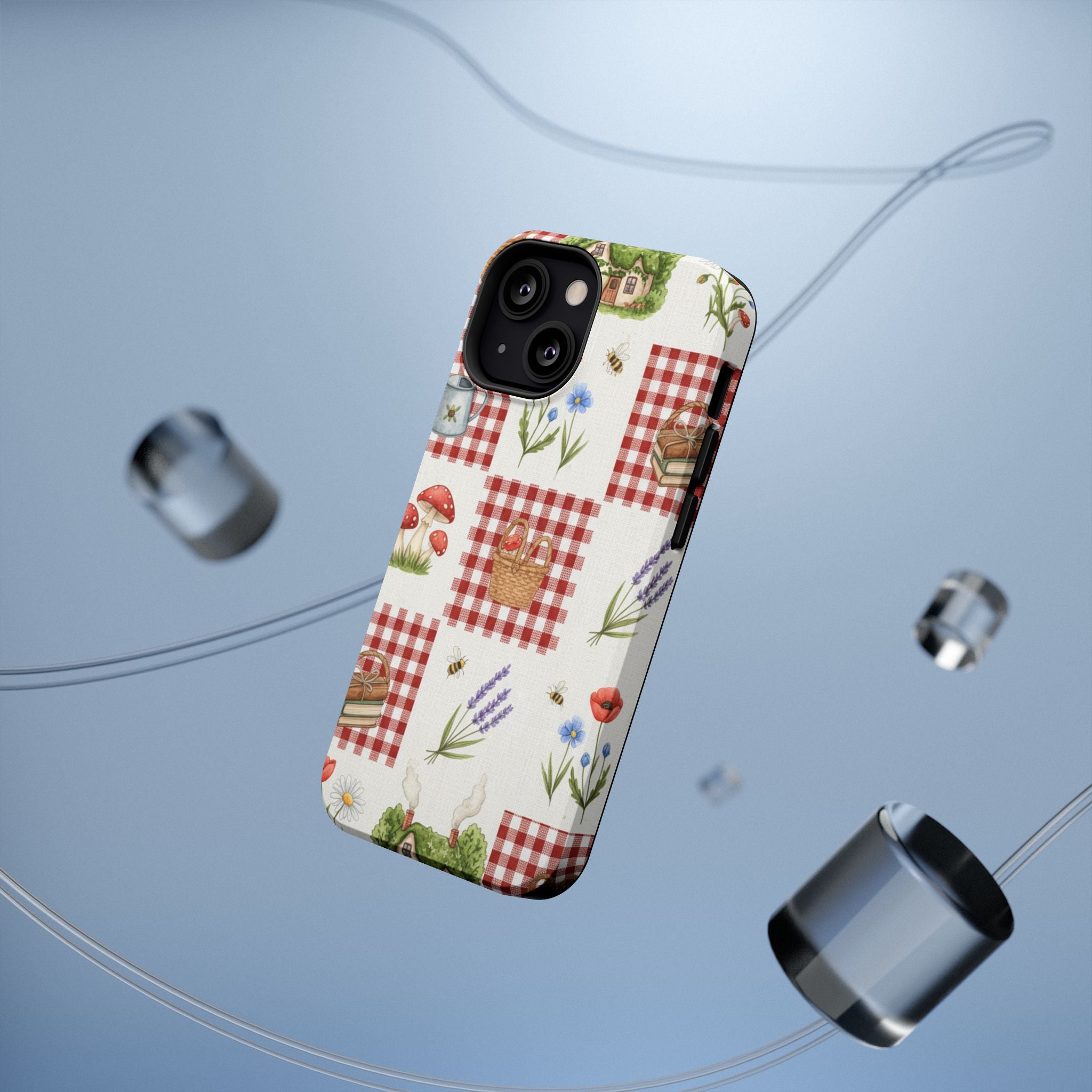 Red Gingham Check Phone Case Rustic Farmhouse Theme Watercolor Countryside Print Whimsical Floral Cell Phone Cover