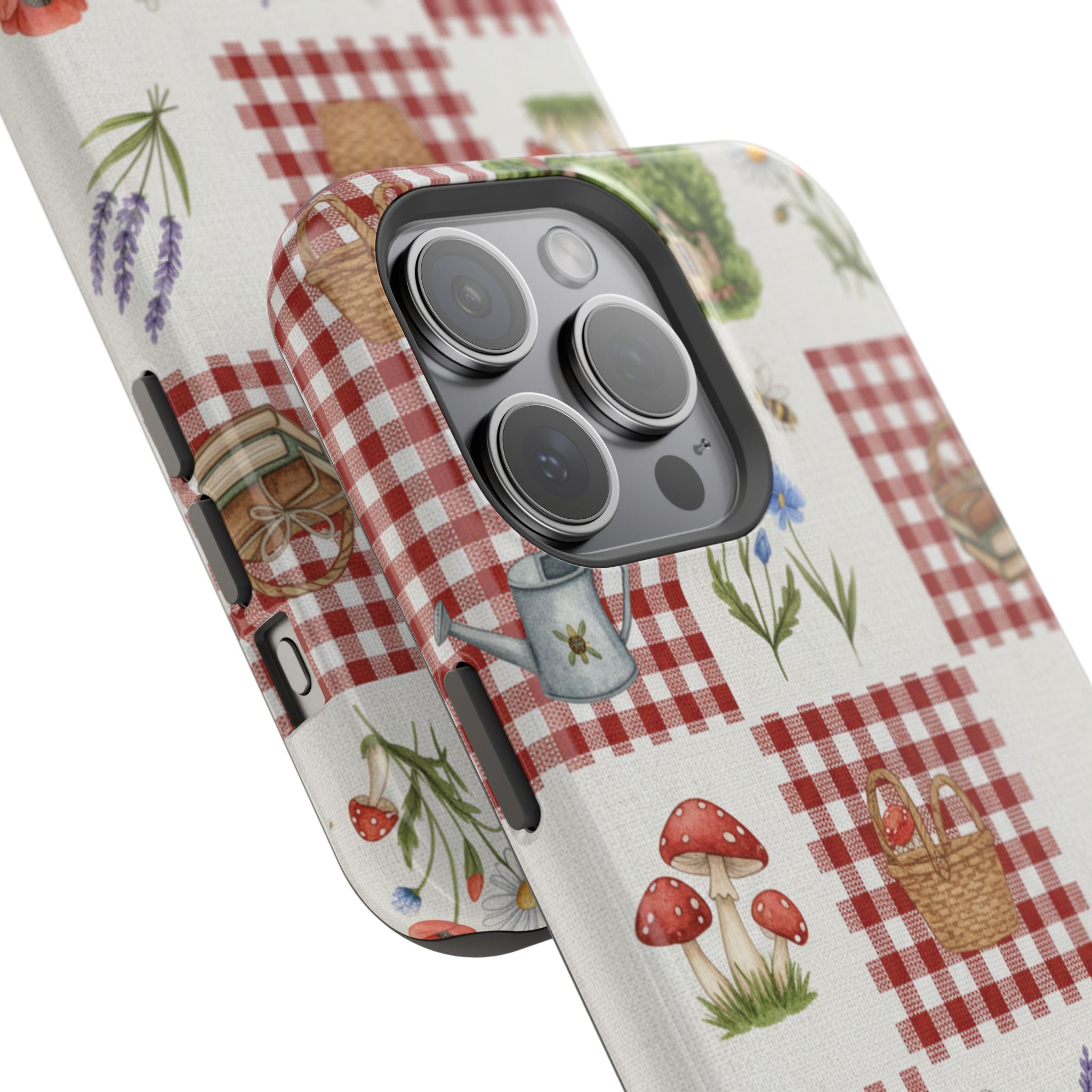 Red Gingham Check Phone Case Rustic Farmhouse Theme Watercolor Countryside Print Whimsical Floral Cell Phone Cover