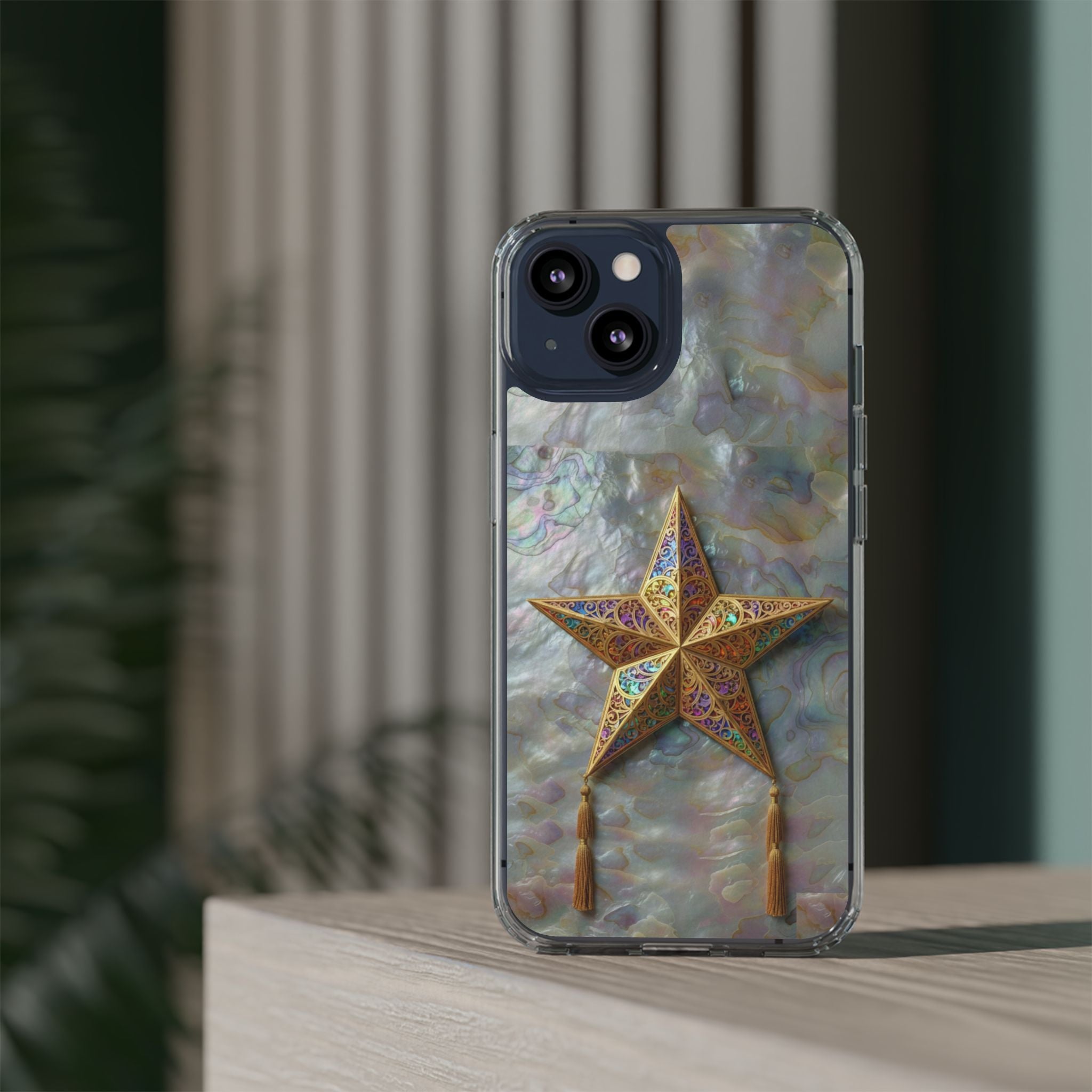 Golden Star Ornament Phone Case Mother of Pearl Background Nacre Texture Festive Celestial Decor Parol Inspired Shimmering Pearl Shell Gift