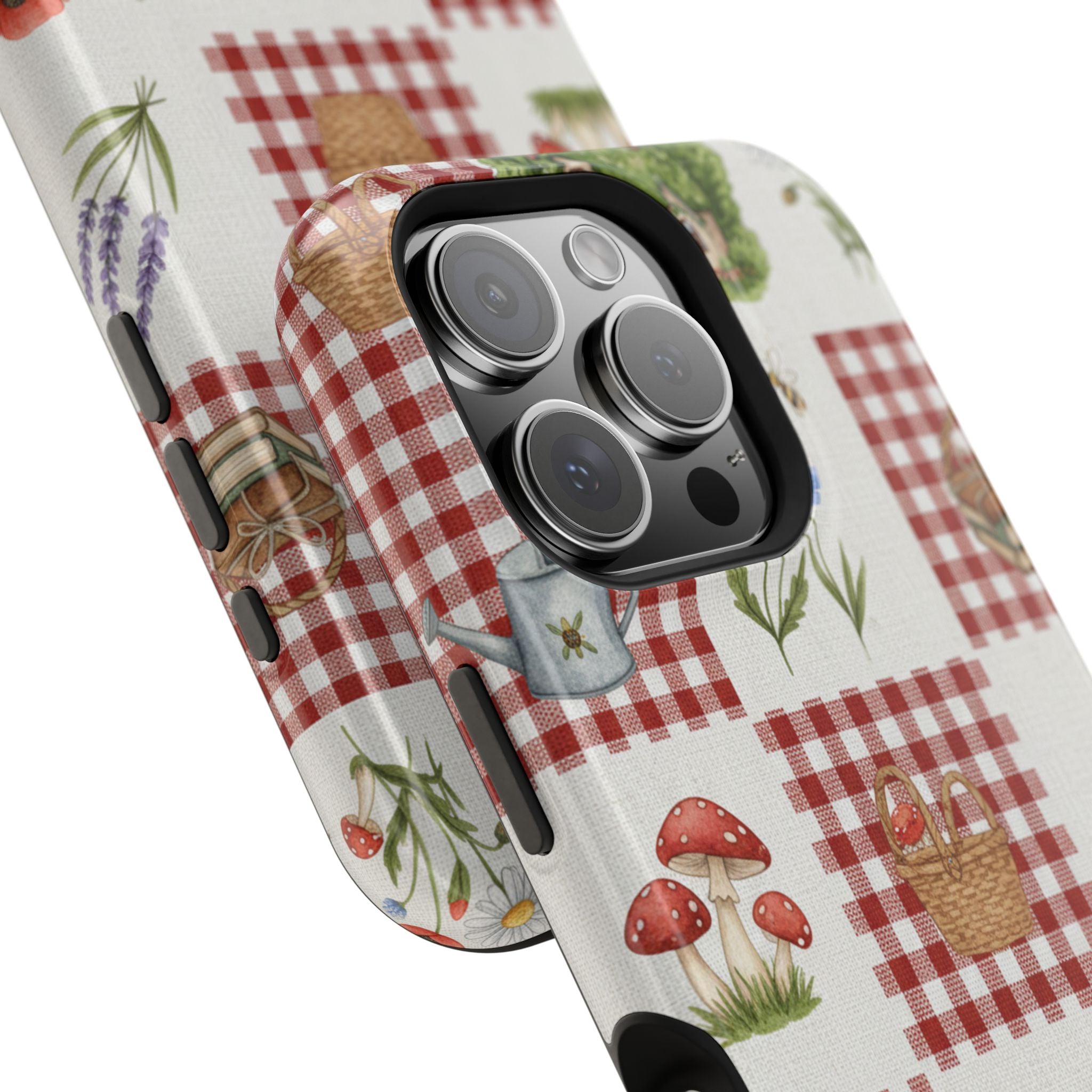 Red Gingham Check Phone Case Rustic Farmhouse Theme Watercolor Countryside Print Whimsical Floral Cell Phone Cover