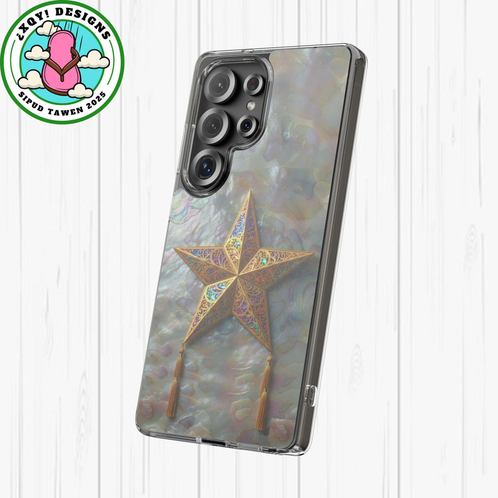 Golden Star Ornament Phone Case Mother of Pearl Background Nacre Texture Festive Celestial Decor Parol Inspired Shimmering Pearl Shell Gift