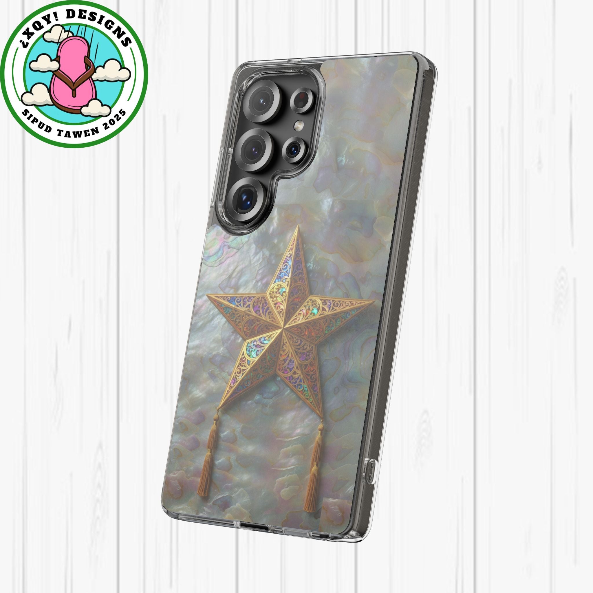 Golden Star Ornament Phone Case Mother of Pearl Background Nacre Texture Festive Celestial Decor Parol Inspired Shimmering Pearl Shell Gift