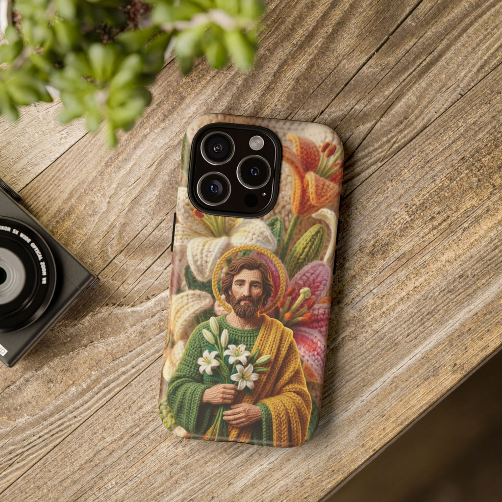 Phone Case Saint Joseph Lilies Design Holy Figure Phone Cover Faith Based Faux Yarn Saint of Workers Gift Samsung iPhone Pixel Models