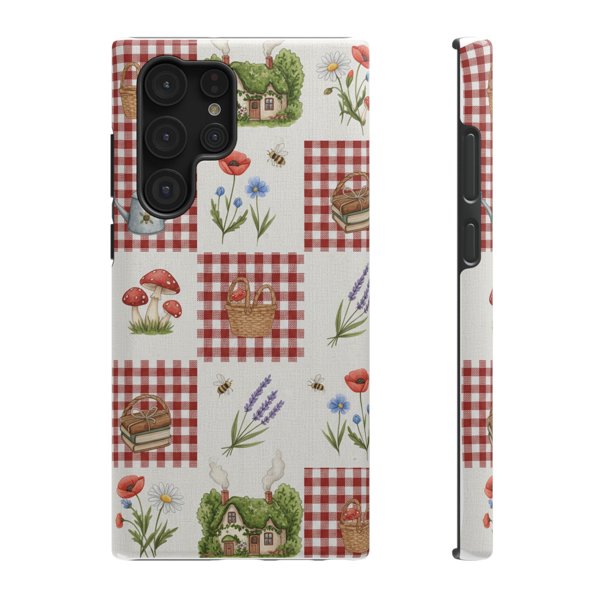 Red Gingham Check Phone Case Rustic Farmhouse Theme Watercolor Countryside Print Whimsical Floral Cell Phone Cover