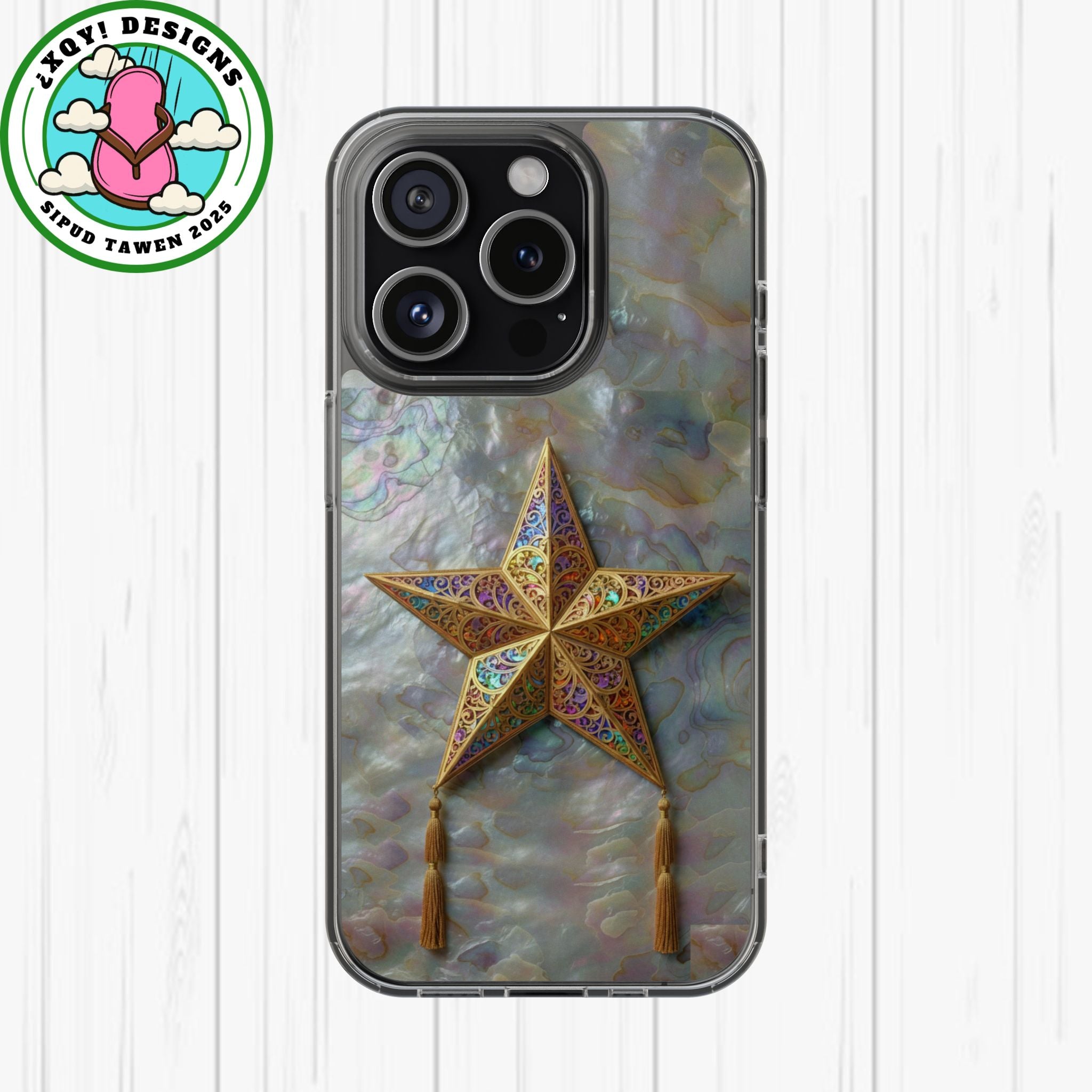 Golden Star Ornament Phone Case Mother of Pearl Background Nacre Texture Festive Celestial Decor Parol Inspired Shimmering Pearl Shell Gift