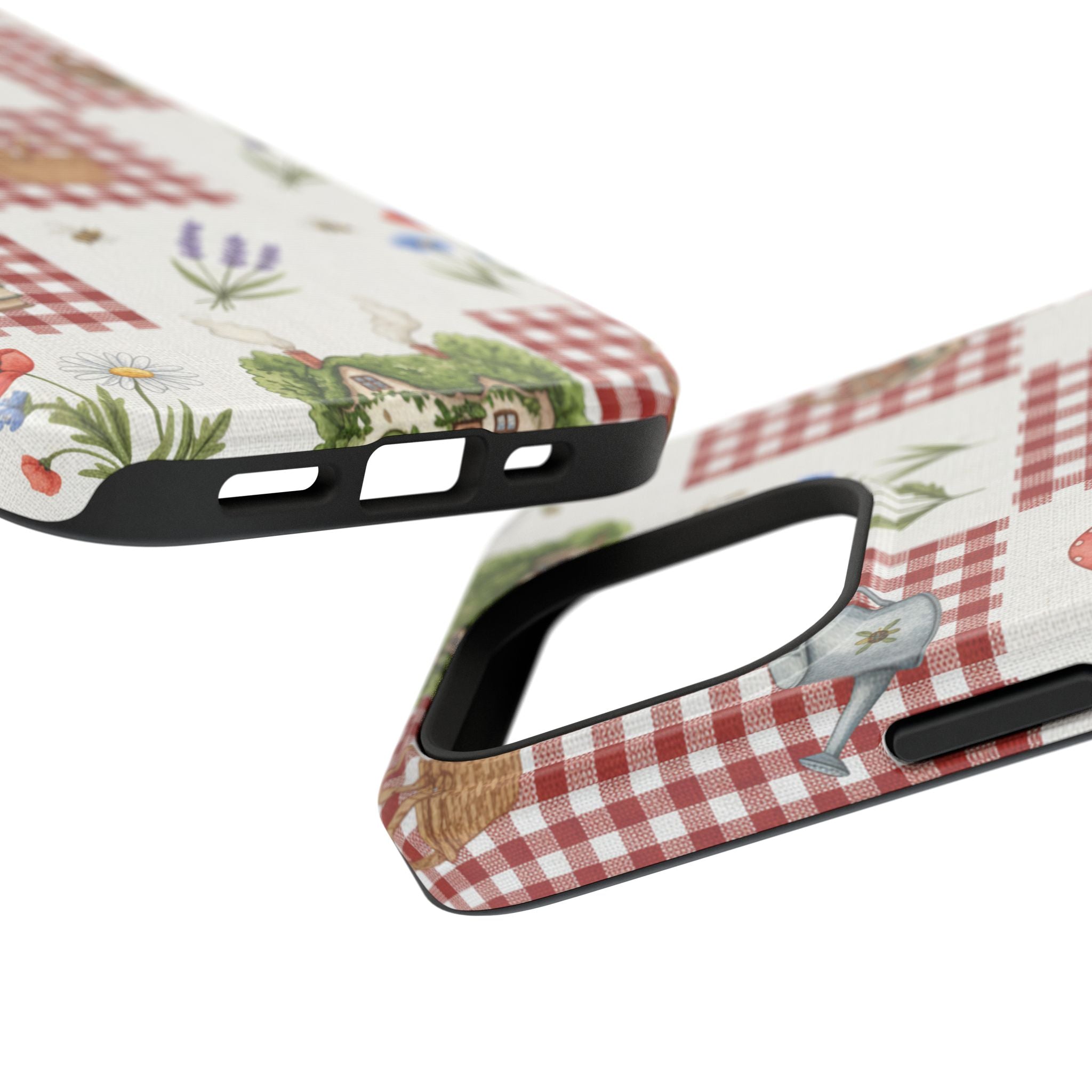 Red Gingham Check Phone Case Rustic Farmhouse Theme Watercolor Countryside Print Whimsical Floral Cell Phone Cover