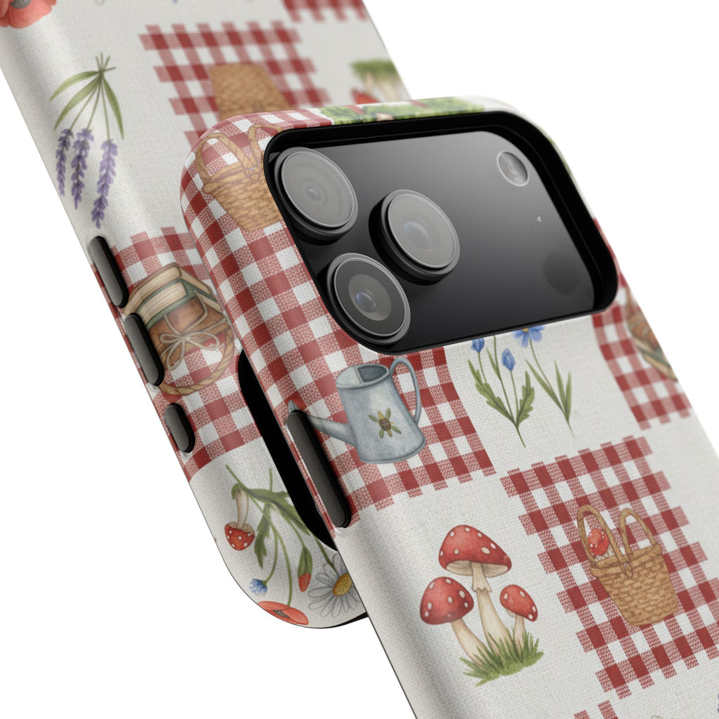 Red Gingham Check Phone Case Rustic Farmhouse Theme Watercolor Countryside Print Whimsical Floral Cell Phone Cover