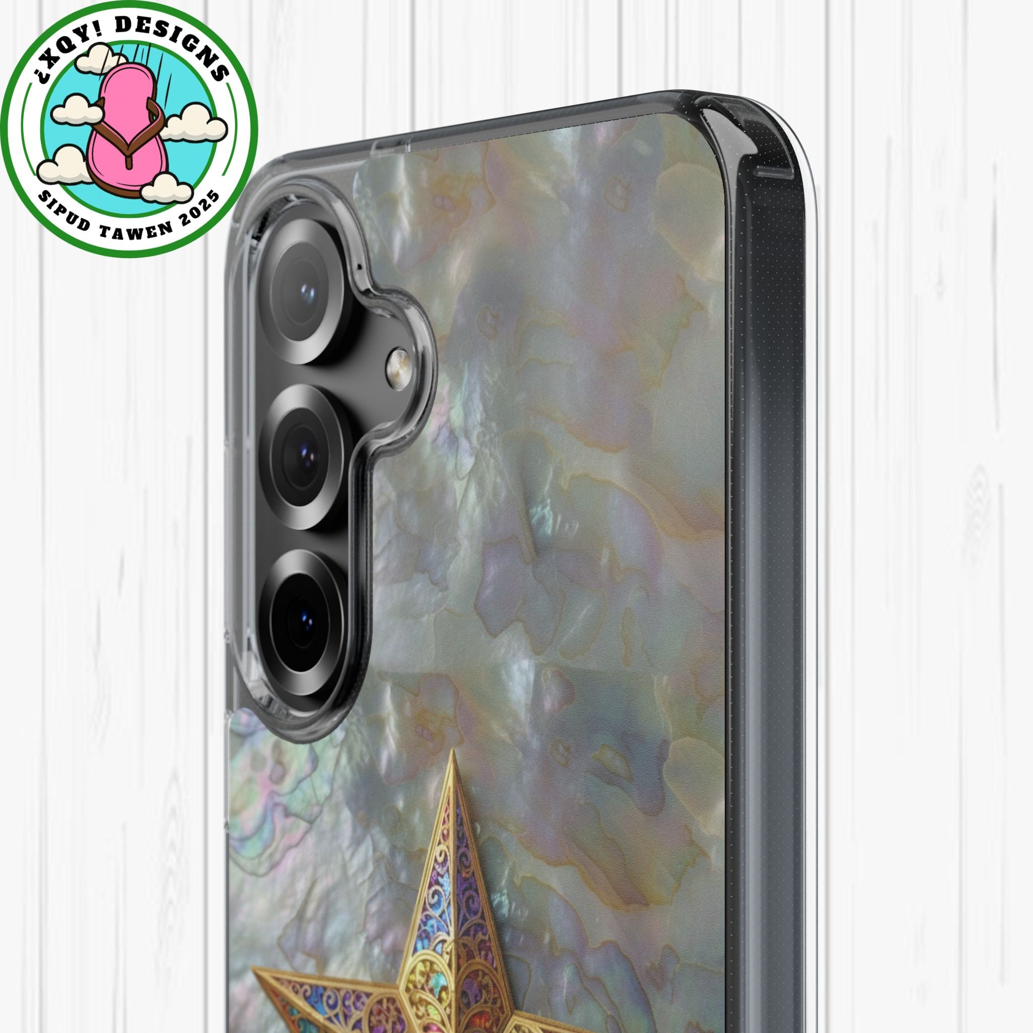 Golden Star Ornament Phone Case Mother of Pearl Background Nacre Texture Festive Celestial Decor Parol Inspired Shimmering Pearl Shell Gift