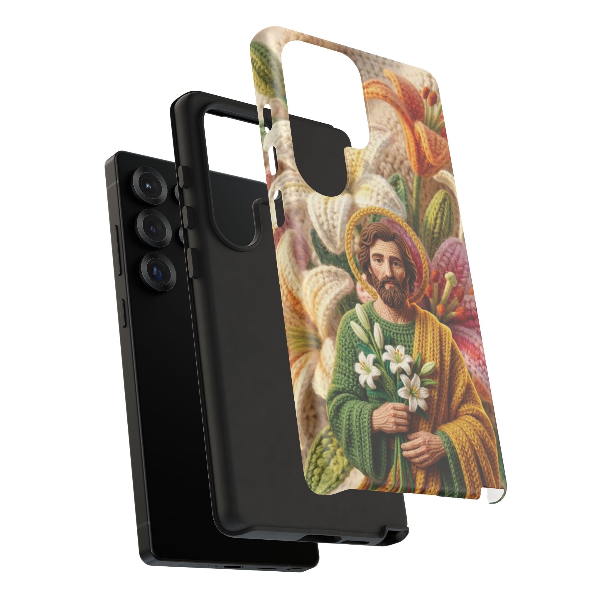 Phone Case Saint Joseph Lilies Design Holy Figure Phone Cover Faith Based Faux Yarn Saint of Workers Gift Samsung iPhone Pixel Models
