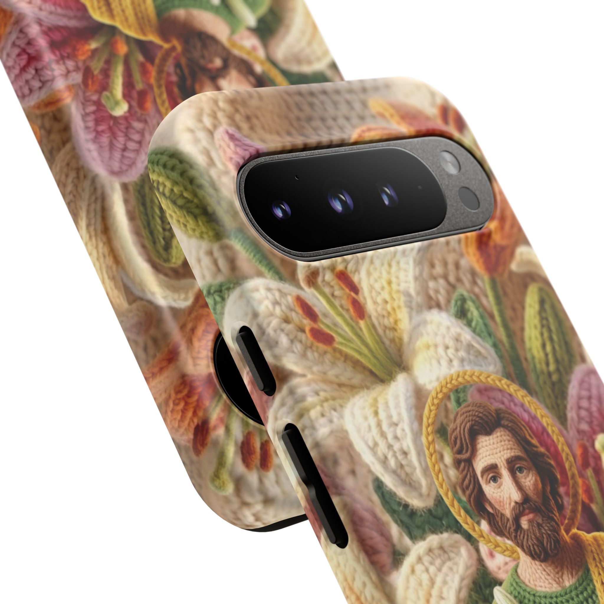 Phone Case Saint Joseph Lilies Design Holy Figure Phone Cover Faith Based Faux Yarn Saint of Workers Gift Samsung iPhone Pixel Models