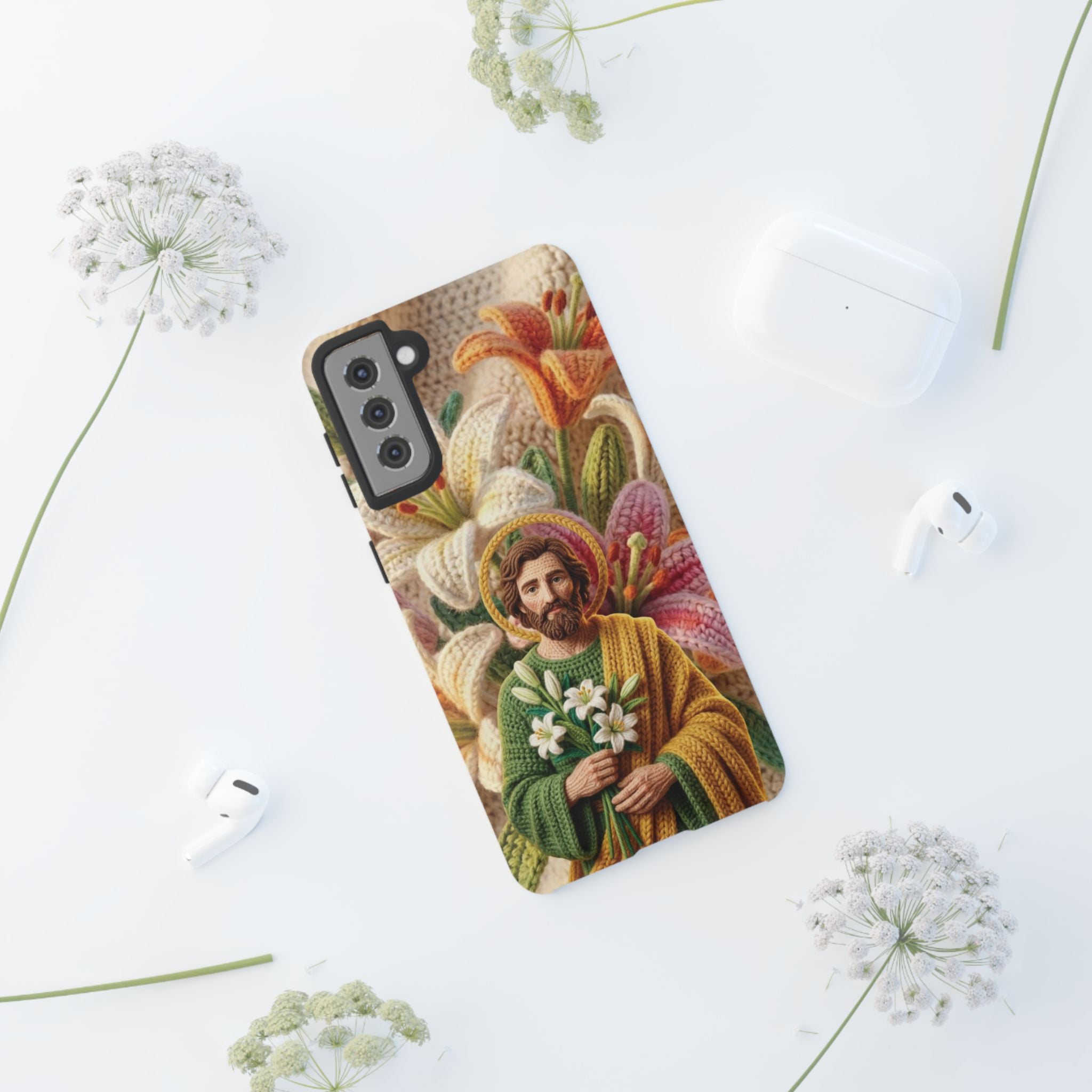 Phone Case Saint Joseph Lilies Design Holy Figure Phone Cover Faith Based Faux Yarn Saint of Workers Gift Samsung iPhone Pixel Models