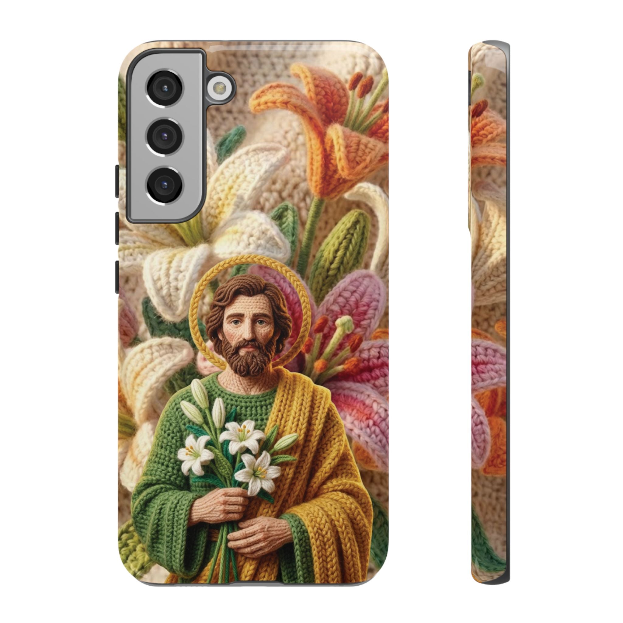 Phone Case Saint Joseph Lilies Design Holy Figure Phone Cover Faith Based Faux Yarn Saint of Workers Gift Samsung iPhone Pixel Models