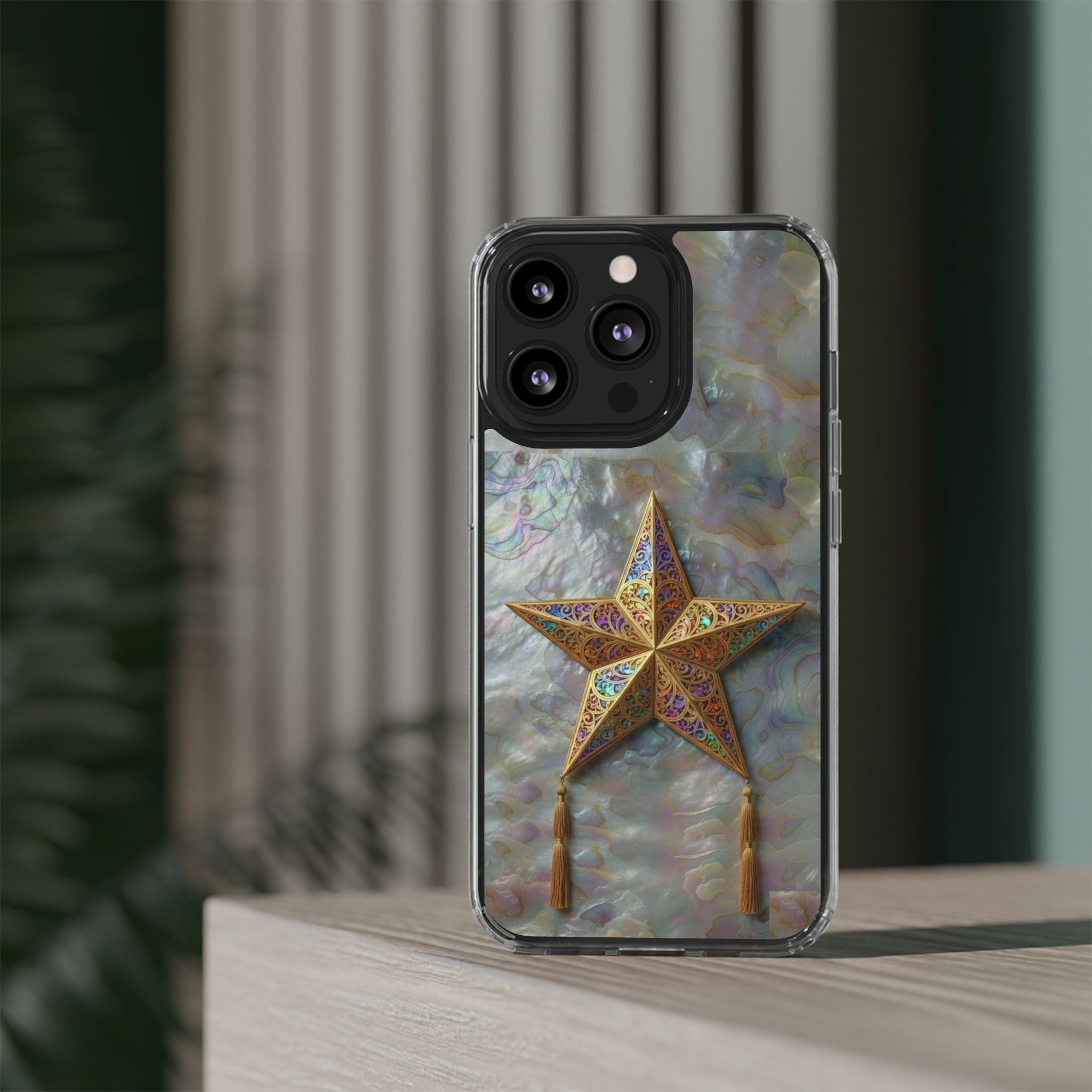 Golden Star Ornament Phone Case Mother of Pearl Background Nacre Texture Festive Celestial Decor Parol Inspired Shimmering Pearl Shell Gift