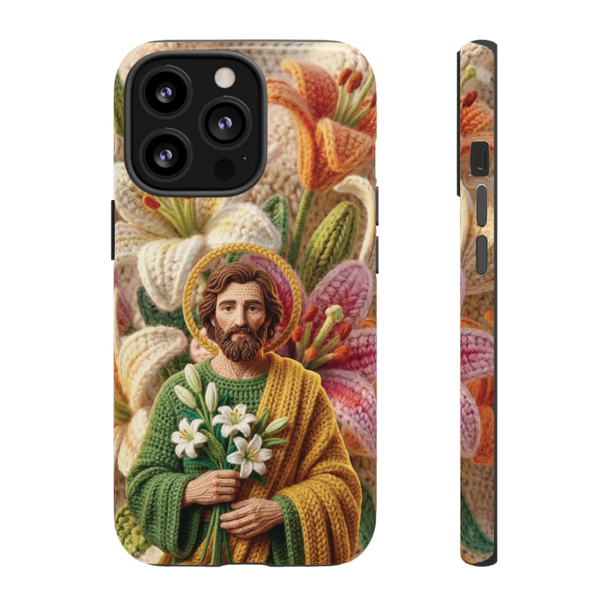 Phone Case Saint Joseph Lilies Design Holy Figure Phone Cover Faith Based Faux Yarn Saint of Workers Gift Samsung iPhone Pixel Models