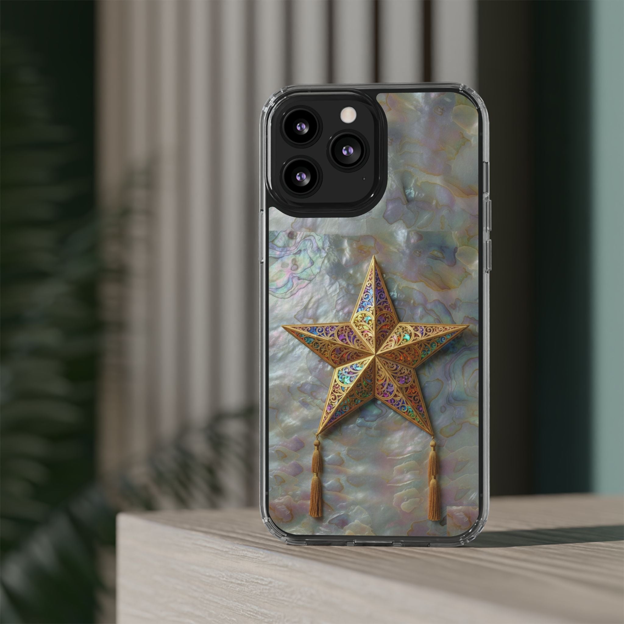 Golden Star Ornament Phone Case Mother of Pearl Background Nacre Texture Festive Celestial Decor Parol Inspired Shimmering Pearl Shell Gift