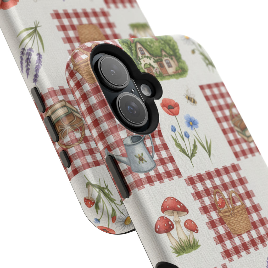 Red Gingham Check Phone Case Rustic Farmhouse Theme Watercolor Countryside Print Whimsical Floral Cell Phone Cover