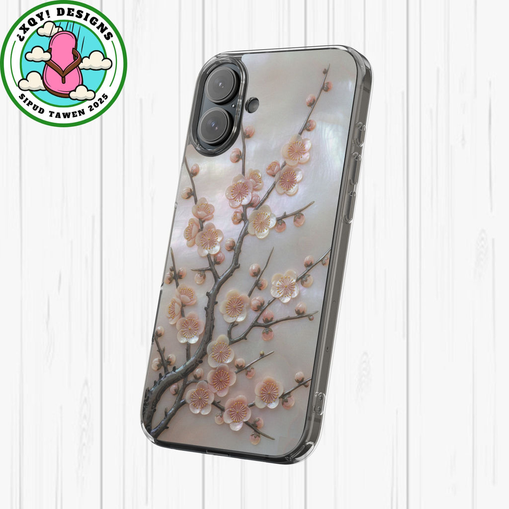 Mother of Pearl Plum Blossom Art Phone Case Nacre Flower Wall Decor Design Iridescent Shell Art Inlay Shimmering Spring Panel Floral Cover