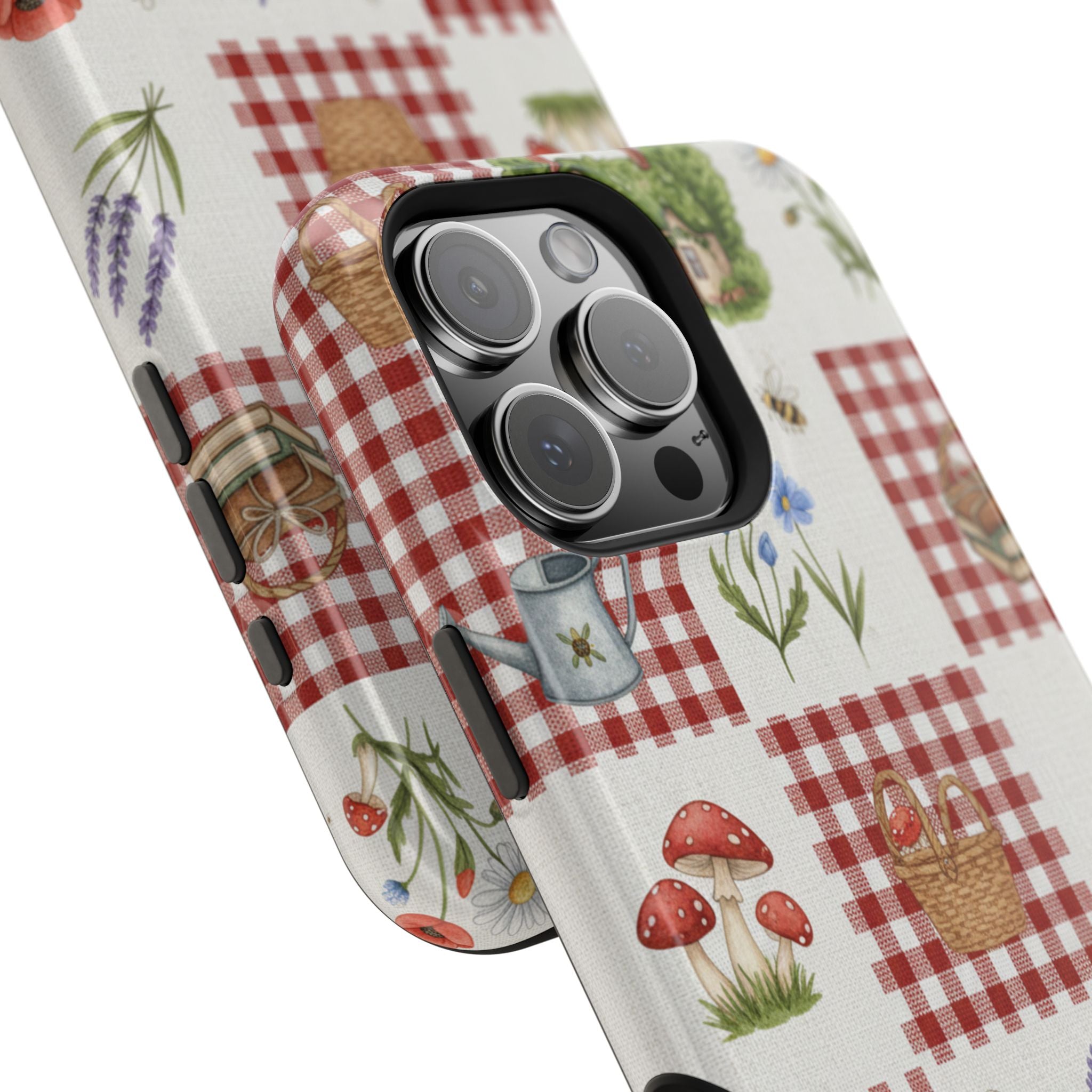 Red Gingham Check Phone Case Rustic Farmhouse Theme Watercolor Countryside Print Whimsical Floral Cell Phone Cover