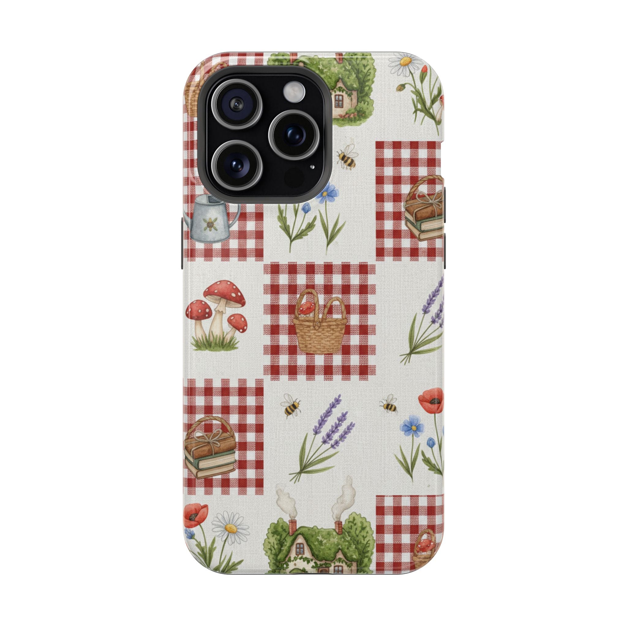 Red Gingham Check Phone Case Rustic Farmhouse Theme Watercolor Countryside Print Whimsical Floral Cell Phone Cover
