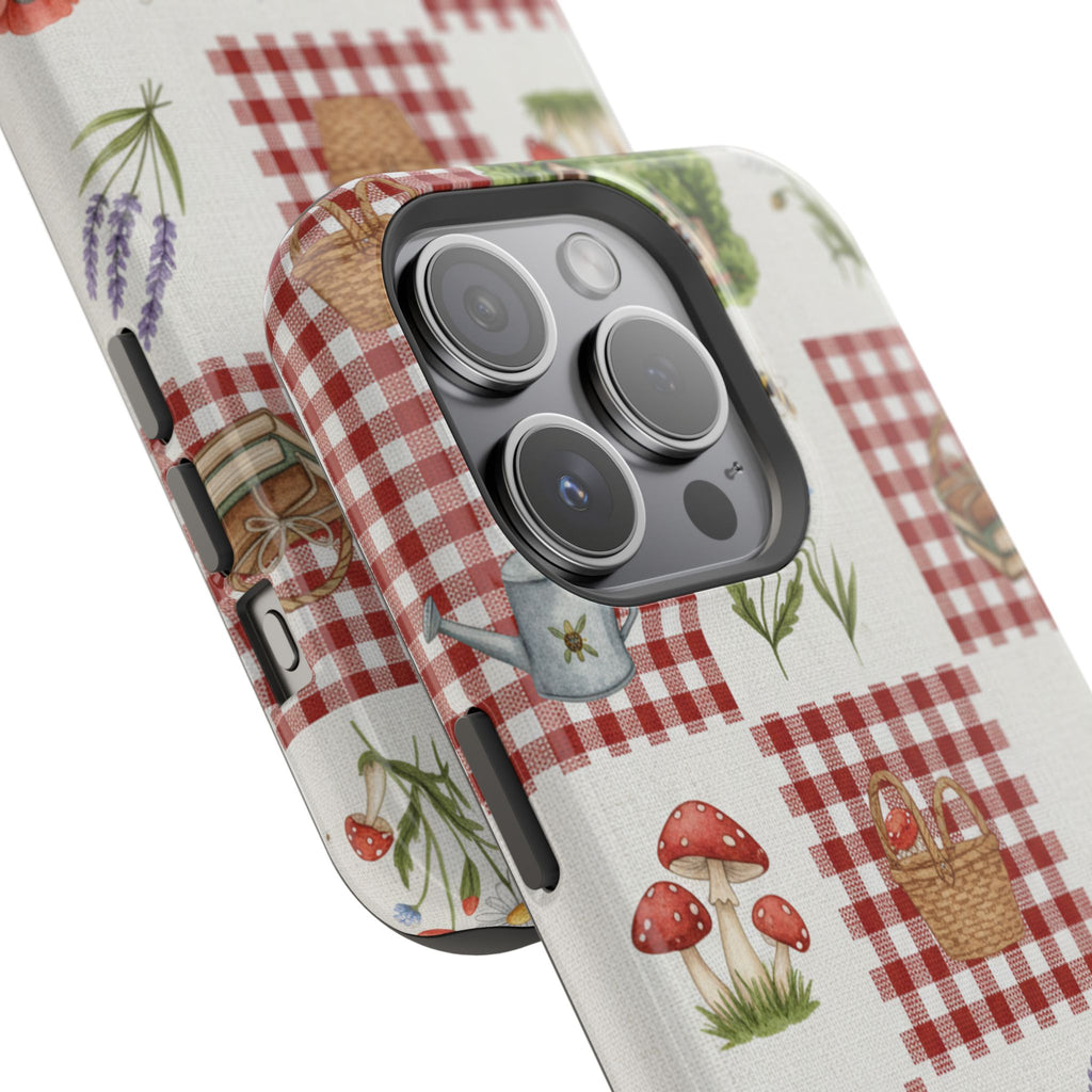 Red Gingham Check Phone Case Rustic Farmhouse Theme Watercolor Countryside Print Whimsical Floral Cell Phone Cover