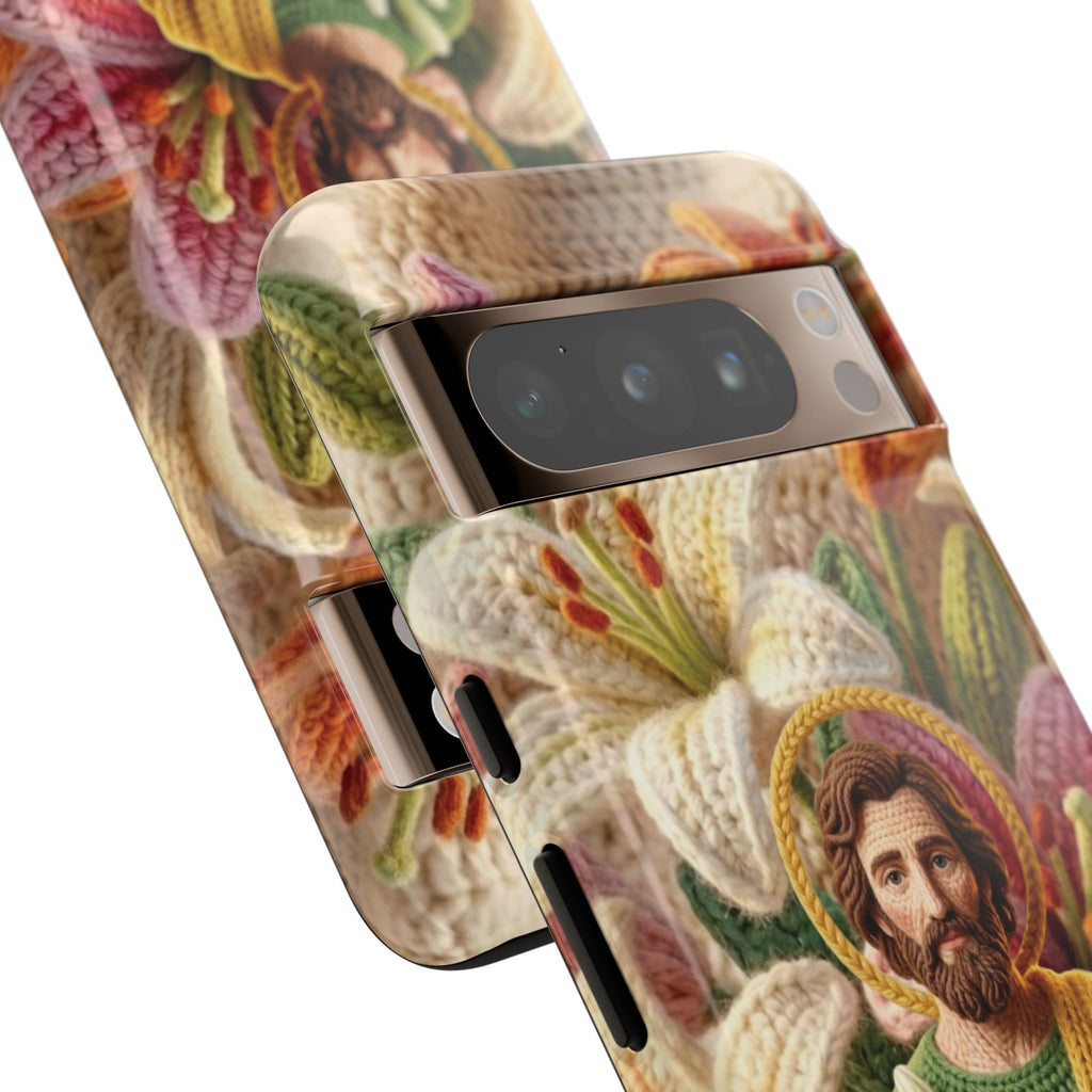 Phone Case Saint Joseph Lilies Design Holy Figure Phone Cover Faith Based Faux Yarn Saint of Workers Gift Samsung iPhone Pixel Models