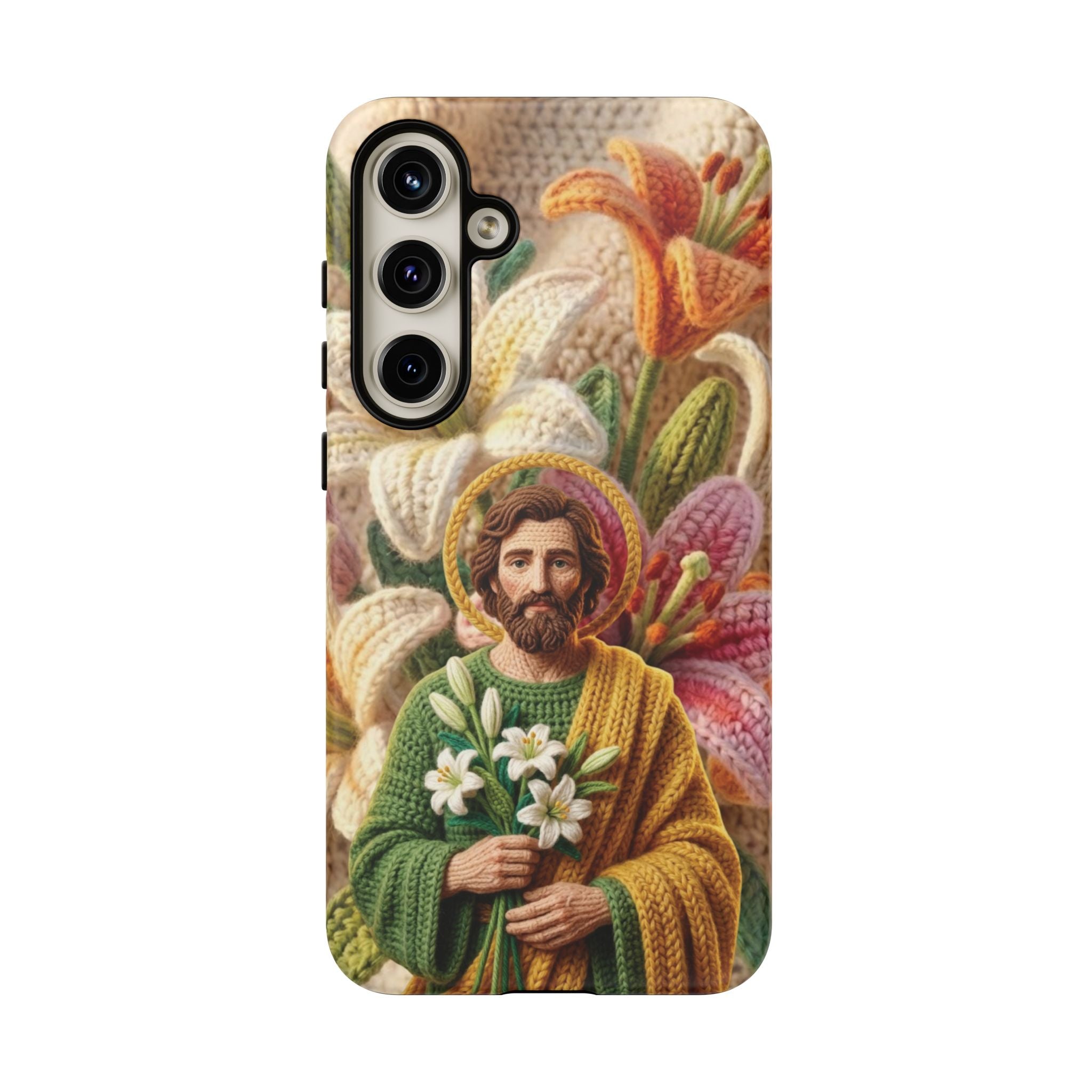 Phone Case Saint Joseph Lilies Design Holy Figure Phone Cover Faith Based Faux Yarn Saint of Workers Gift Samsung iPhone Pixel Models