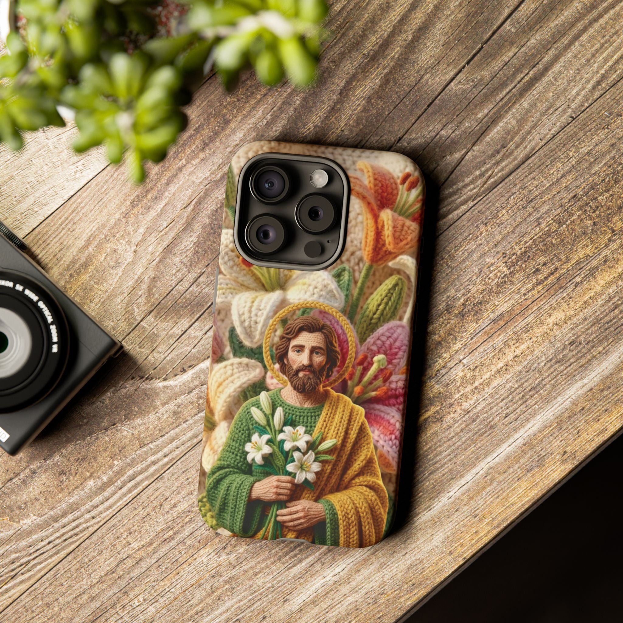 Phone Case Saint Joseph Lilies Design Holy Figure Phone Cover Faith Based Faux Yarn Saint of Workers Gift Samsung iPhone Pixel Models
