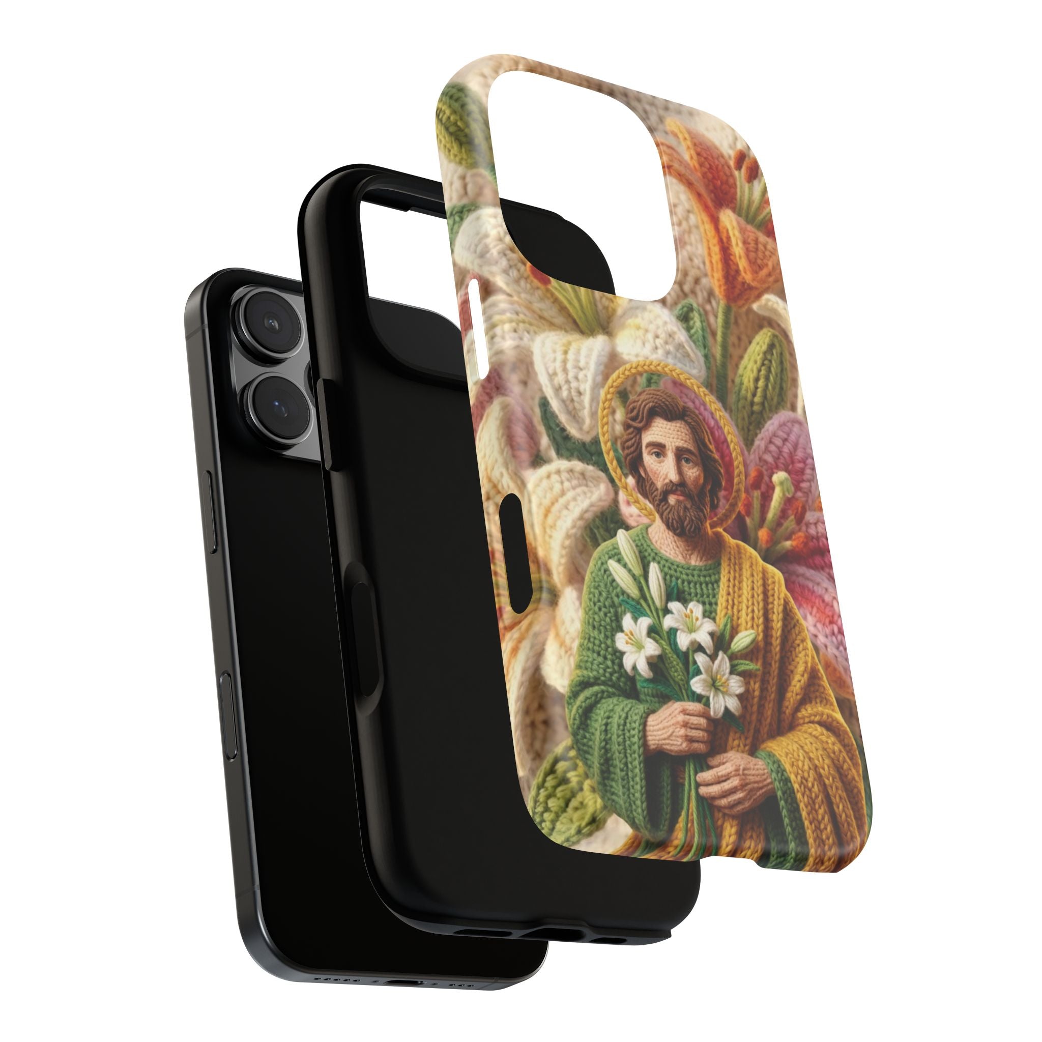 Phone Case Saint Joseph Lilies Design Holy Figure Phone Cover Faith Based Faux Yarn Saint of Workers Gift Samsung iPhone Pixel Models