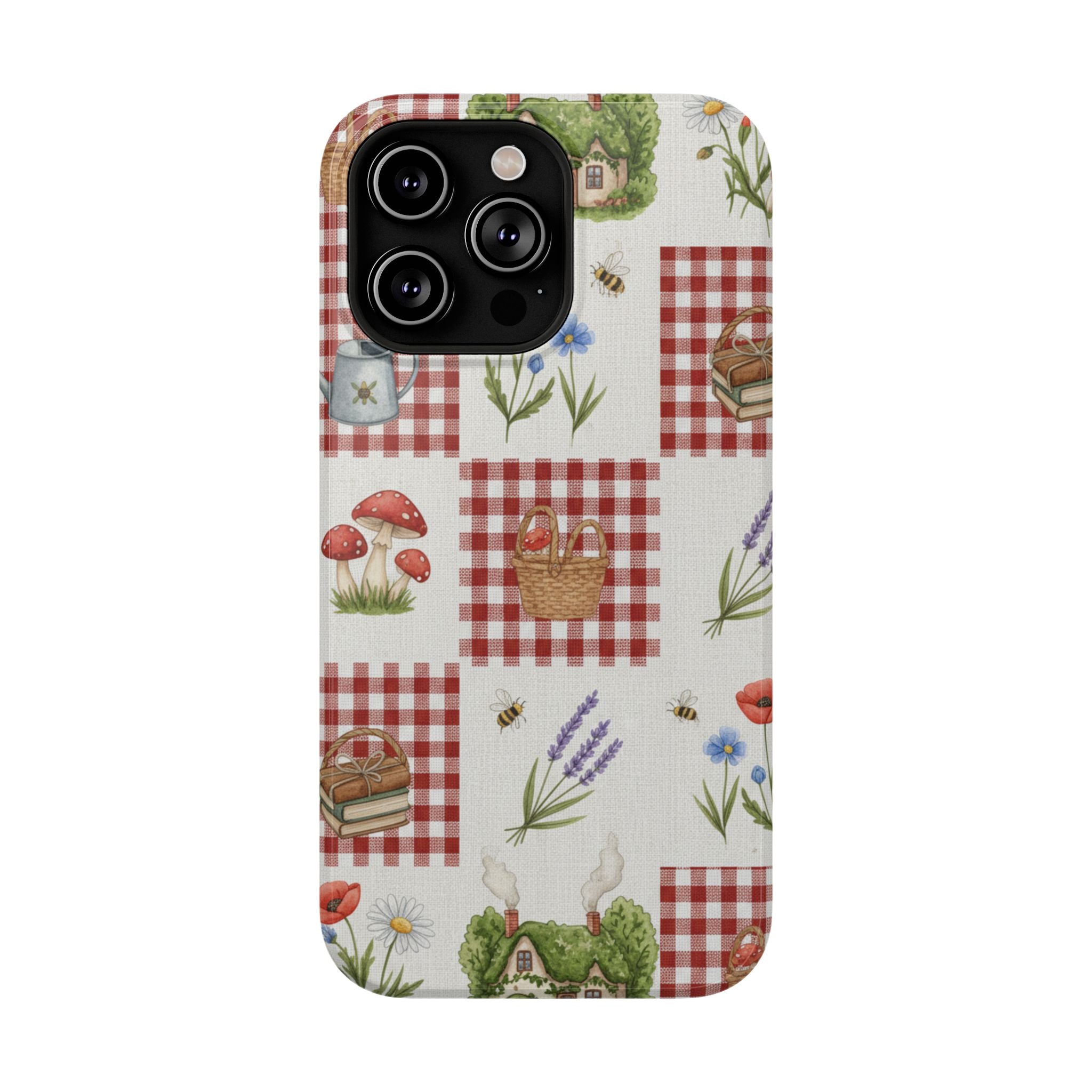 Red Gingham Check Phone Case Rustic Farmhouse Theme Watercolor Countryside Print Whimsical Floral Cell Phone Cover