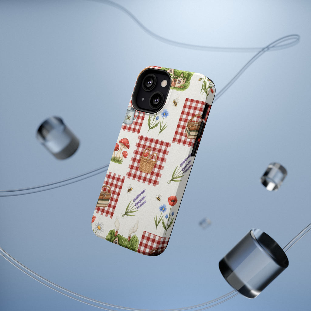 Red Gingham Check Phone Case Rustic Farmhouse Theme Watercolor Countryside Print Whimsical Floral Cell Phone Cover