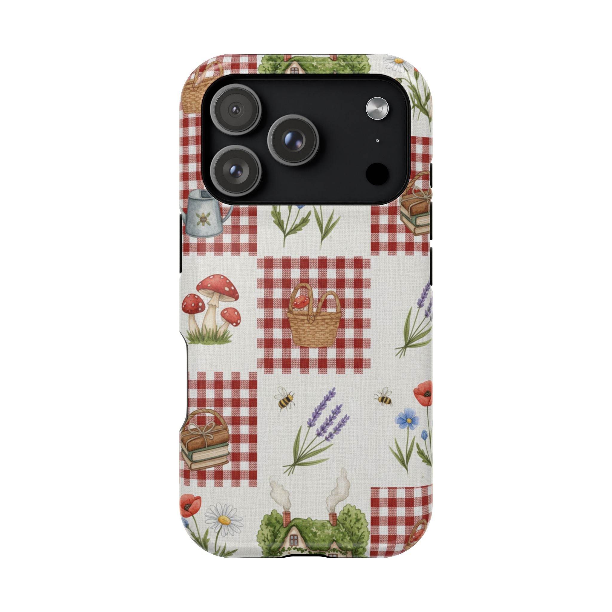 Red Gingham Check Phone Case Rustic Farmhouse Theme Watercolor Countryside Print Whimsical Floral Cell Phone Cover