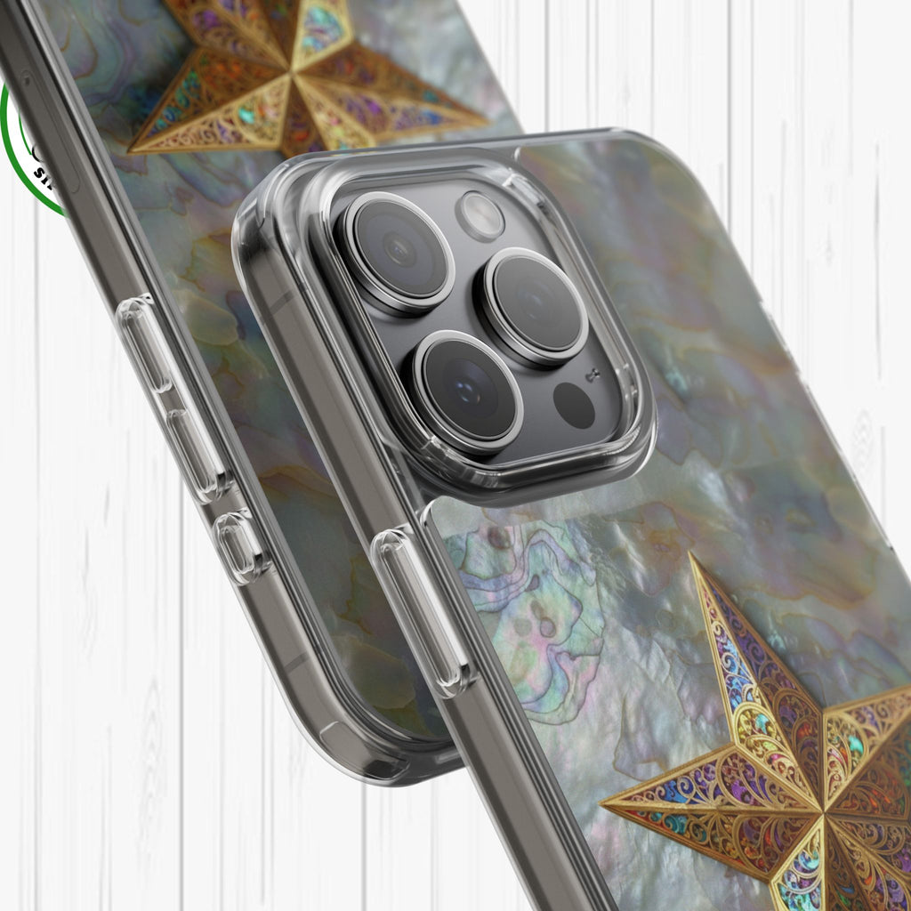 Golden Star Ornament Phone Case Mother of Pearl Background Nacre Texture Festive Celestial Decor Parol Inspired Shimmering Pearl Shell Gift