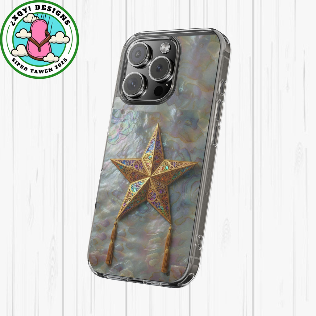 Golden Star Ornament Phone Case Mother of Pearl Background Nacre Texture Festive Celestial Decor Parol Inspired Shimmering Pearl Shell Gift