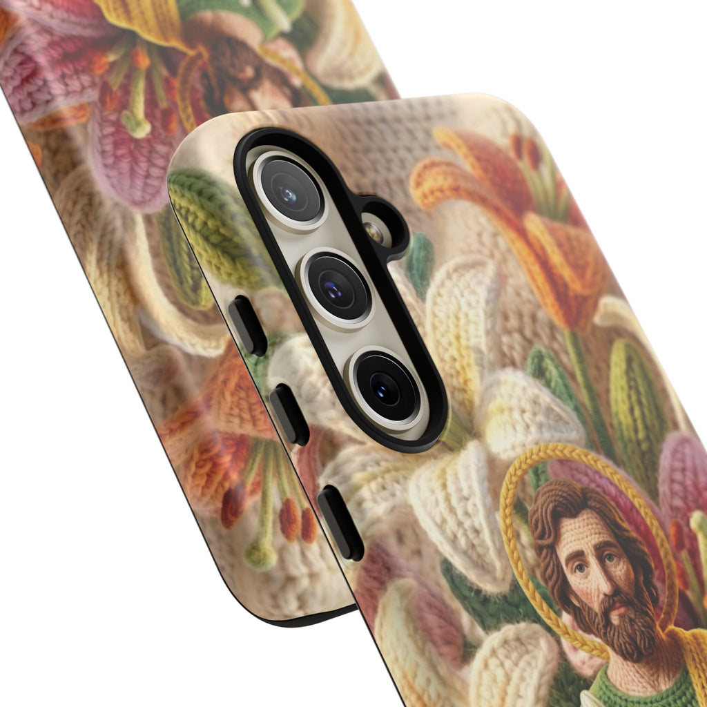 Phone Case Saint Joseph Lilies Design Holy Figure Phone Cover Faith Based Faux Yarn Saint of Workers Gift Samsung iPhone Pixel Models