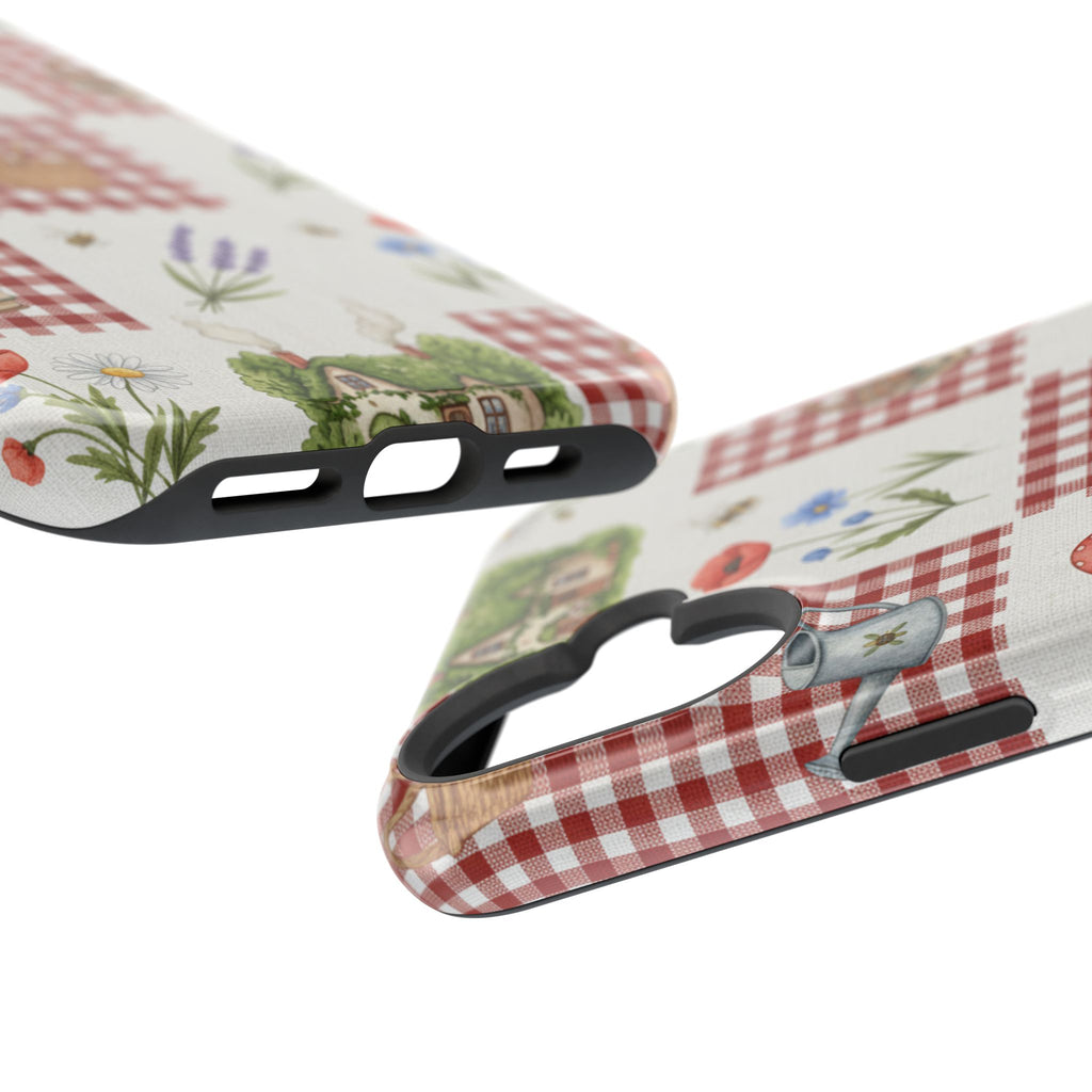 Red Gingham Check Phone Case Rustic Farmhouse Theme Watercolor Countryside Print Whimsical Floral Cell Phone Cover