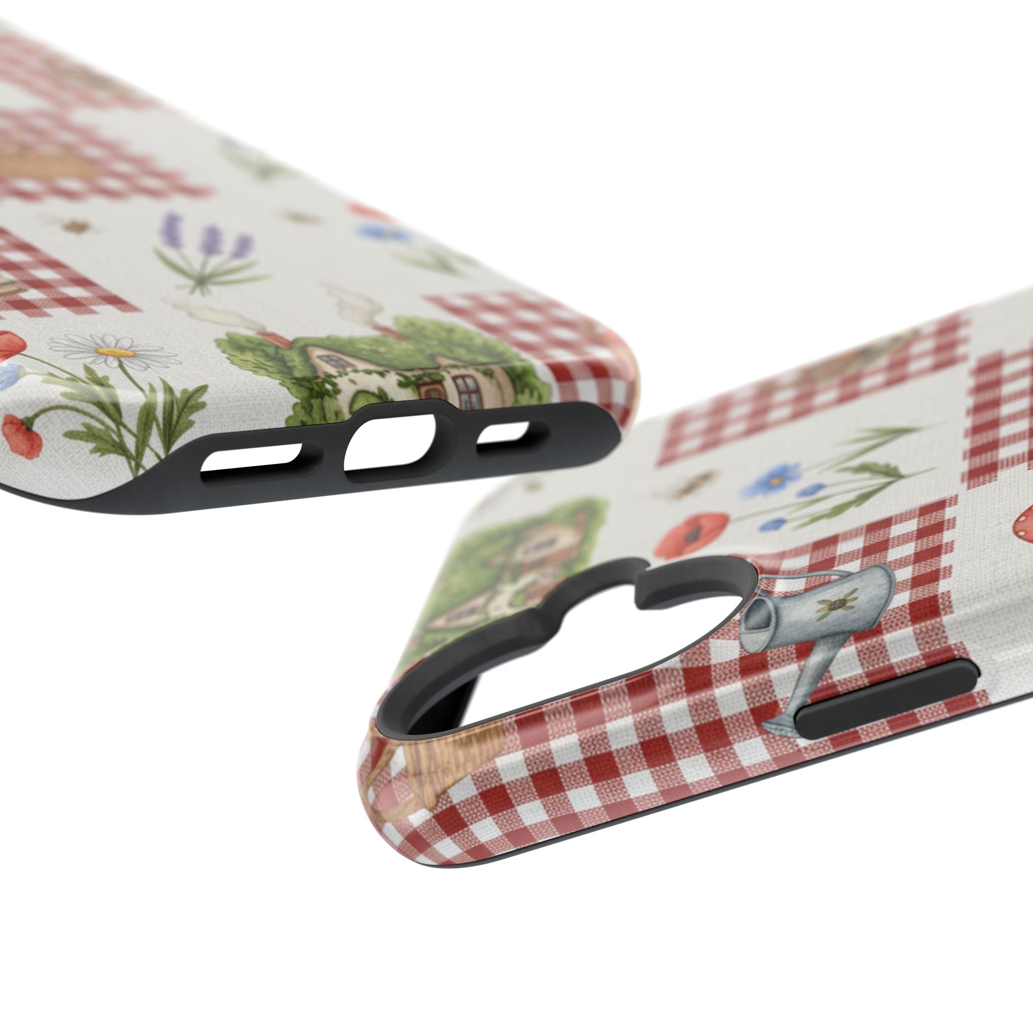Red Gingham Check Phone Case Rustic Farmhouse Theme Watercolor Countryside Print Whimsical Floral Cell Phone Cover