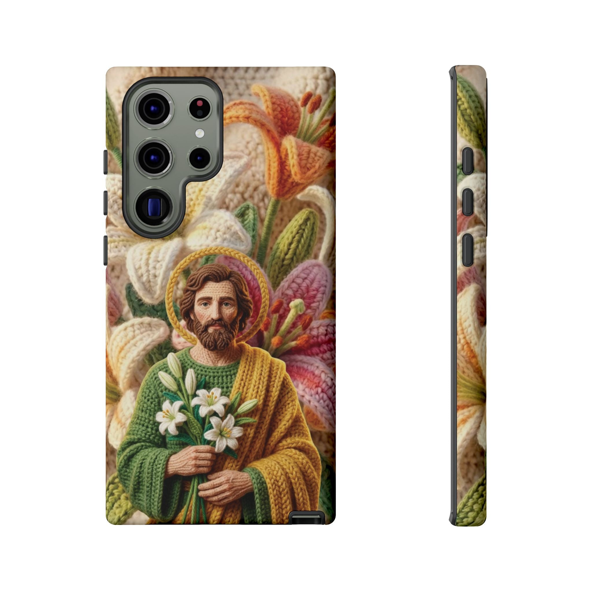 Phone Case Saint Joseph Lilies Design Holy Figure Phone Cover Faith Based Faux Yarn Saint of Workers Gift Samsung iPhone Pixel Models
