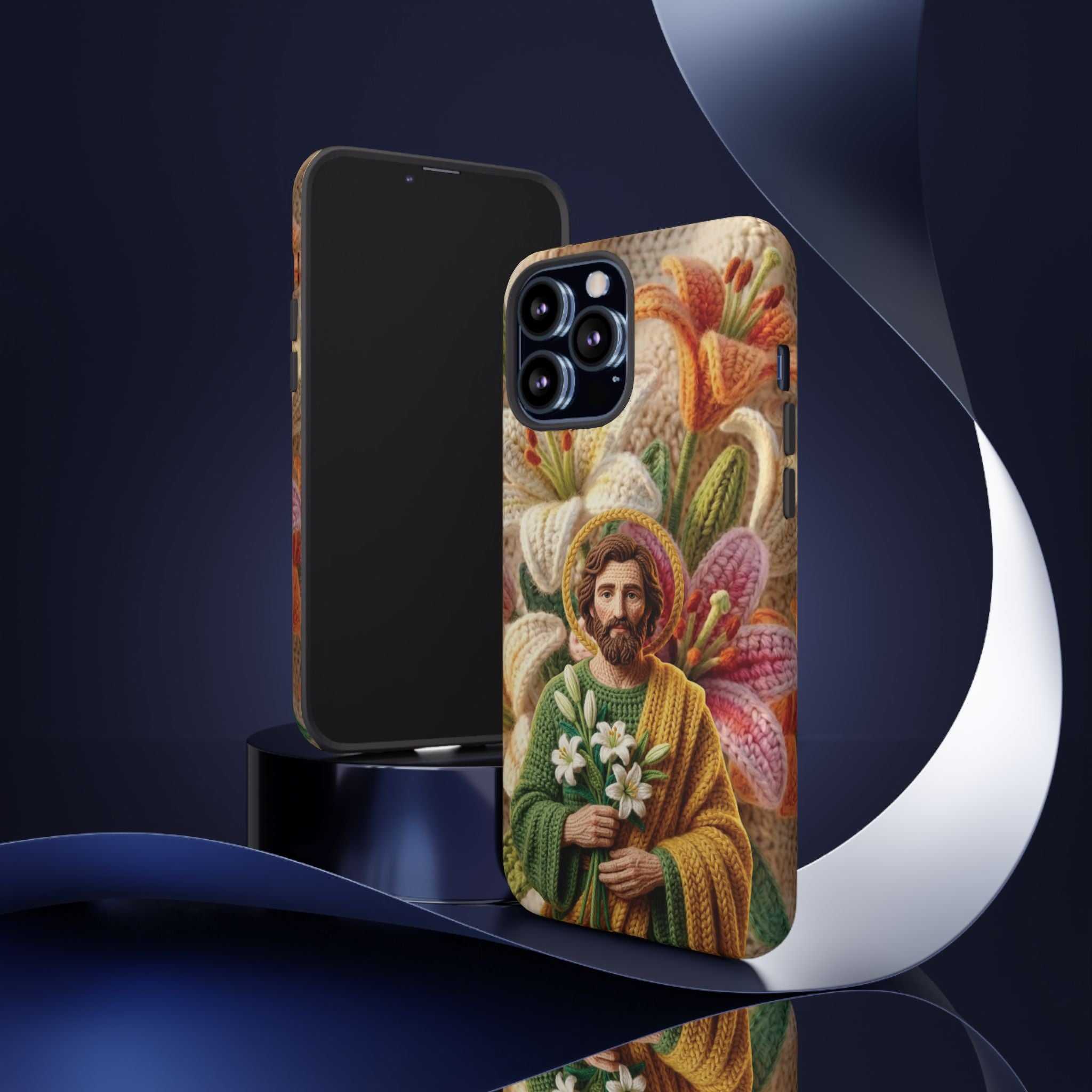 Phone Case Saint Joseph Lilies Design Holy Figure Phone Cover Faith Based Faux Yarn Saint of Workers Gift Samsung iPhone Pixel Models