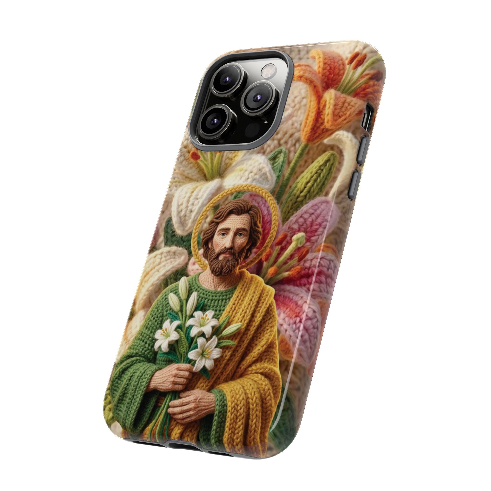 Phone Case Saint Joseph Lilies Design Holy Figure Phone Cover Faith Based Faux Yarn Saint of Workers Gift Samsung iPhone Pixel Models
