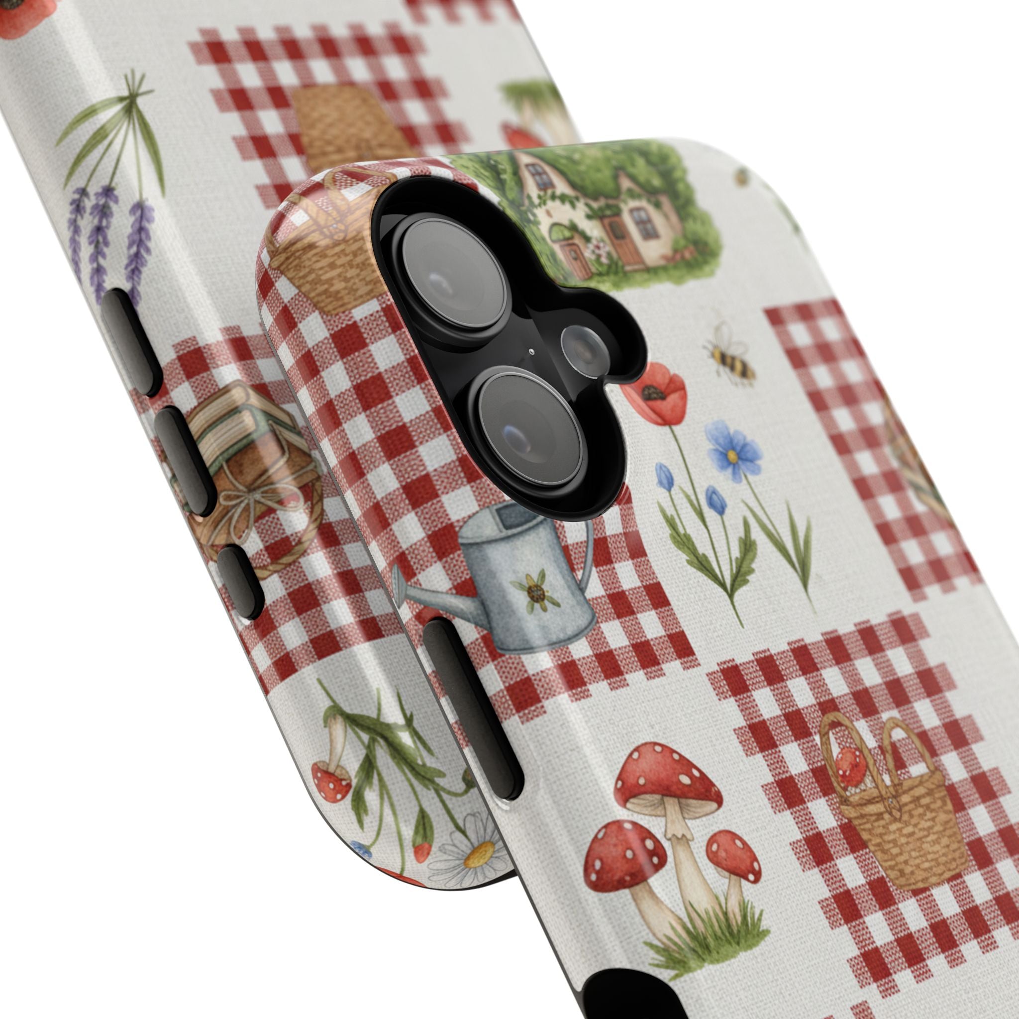 Red Gingham Check Phone Case Rustic Farmhouse Theme Watercolor Countryside Print Whimsical Floral Cell Phone Cover