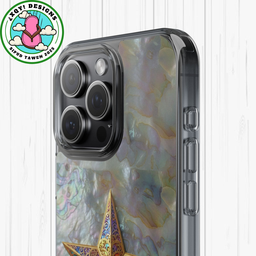 Golden Star Ornament Phone Case Mother of Pearl Background Nacre Texture Festive Celestial Decor Parol Inspired Shimmering Pearl Shell Gift