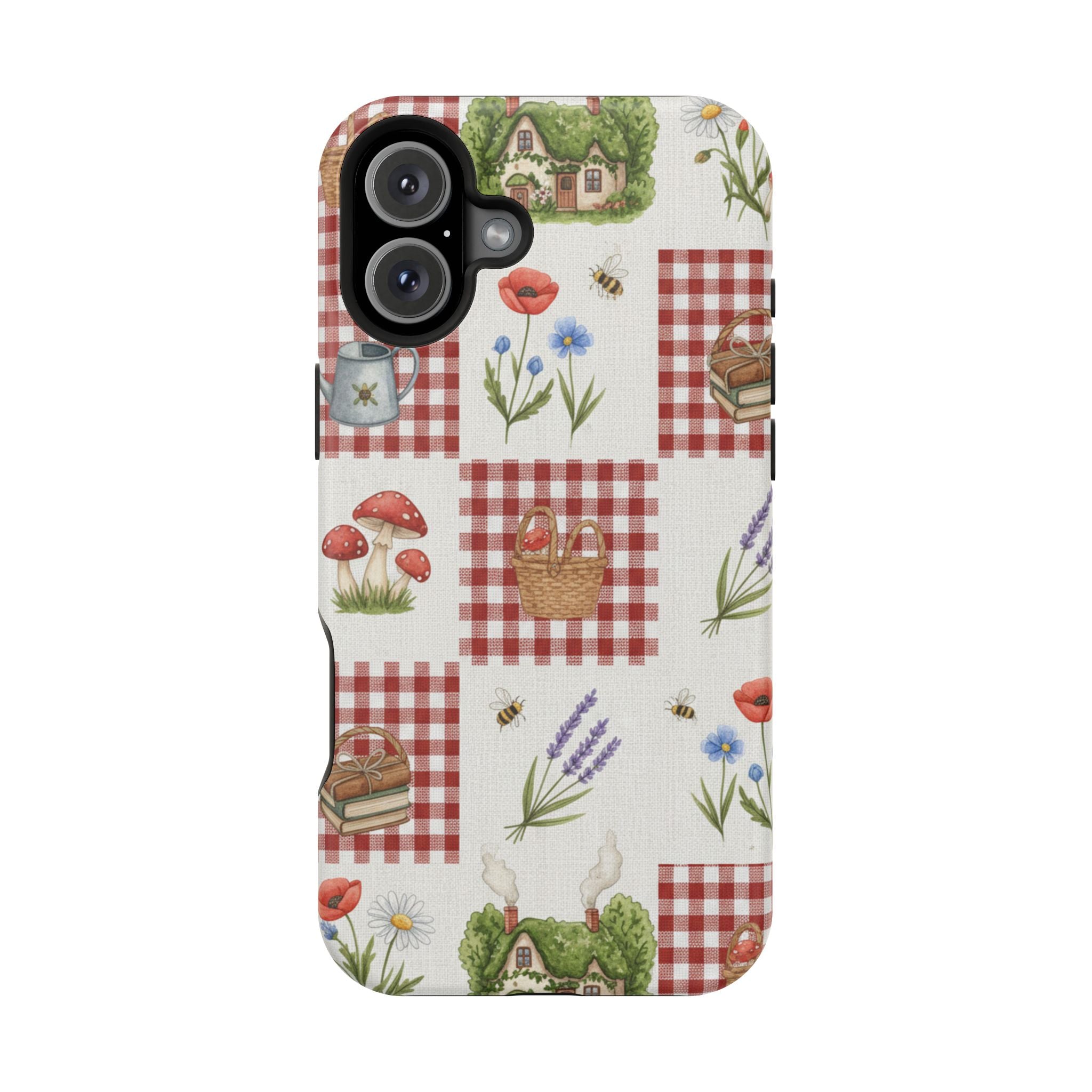 Red Gingham Check Phone Case Rustic Farmhouse Theme Watercolor Countryside Print Whimsical Floral Cell Phone Cover