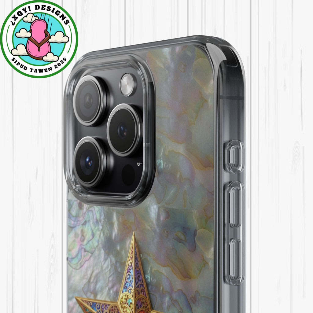 Golden Star Ornament Phone Case Mother of Pearl Background Nacre Texture Festive Celestial Decor Parol Inspired Shimmering Pearl Shell Gift