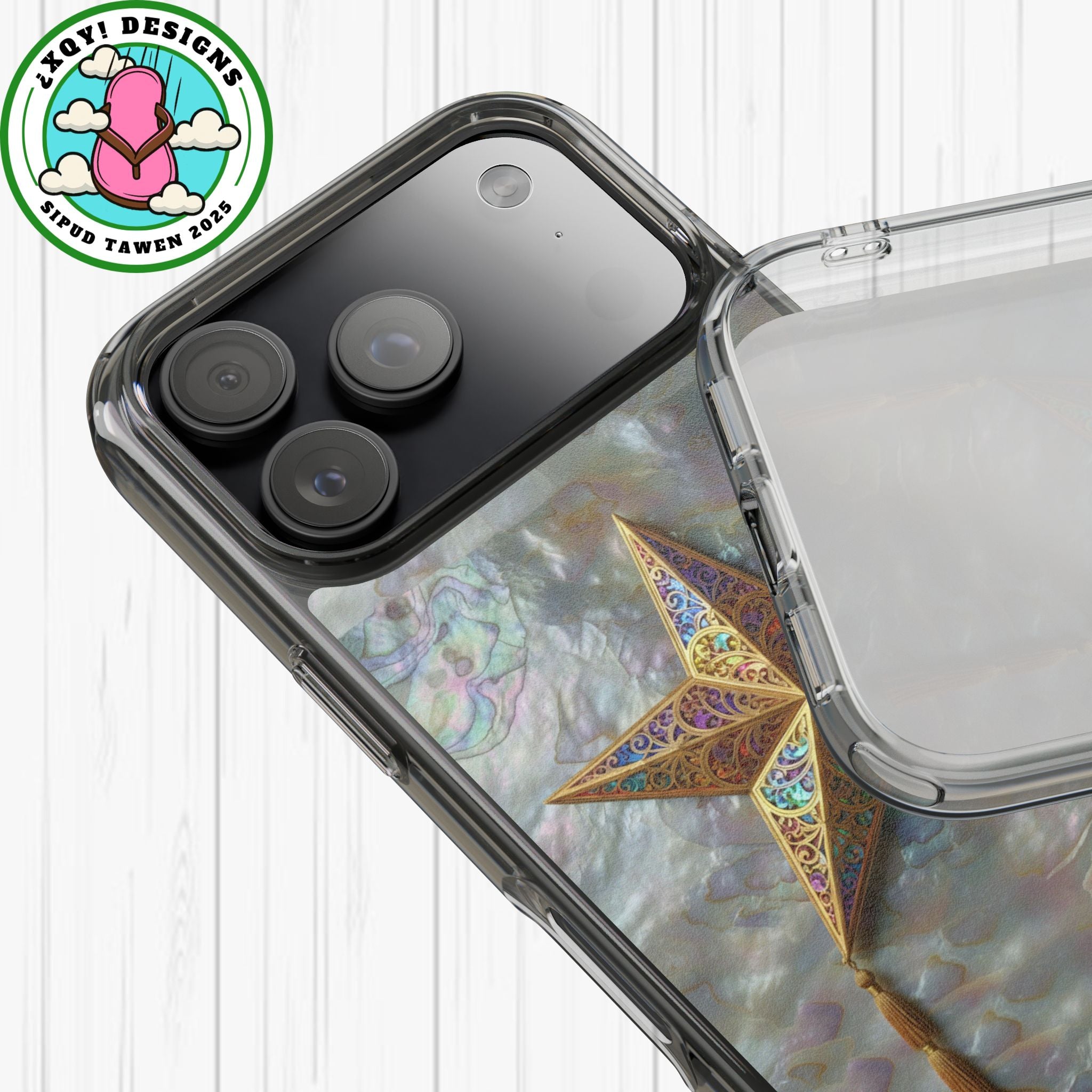 Golden Star Ornament Phone Case Mother of Pearl Background Nacre Texture Festive Celestial Decor Parol Inspired Shimmering Pearl Shell Gift