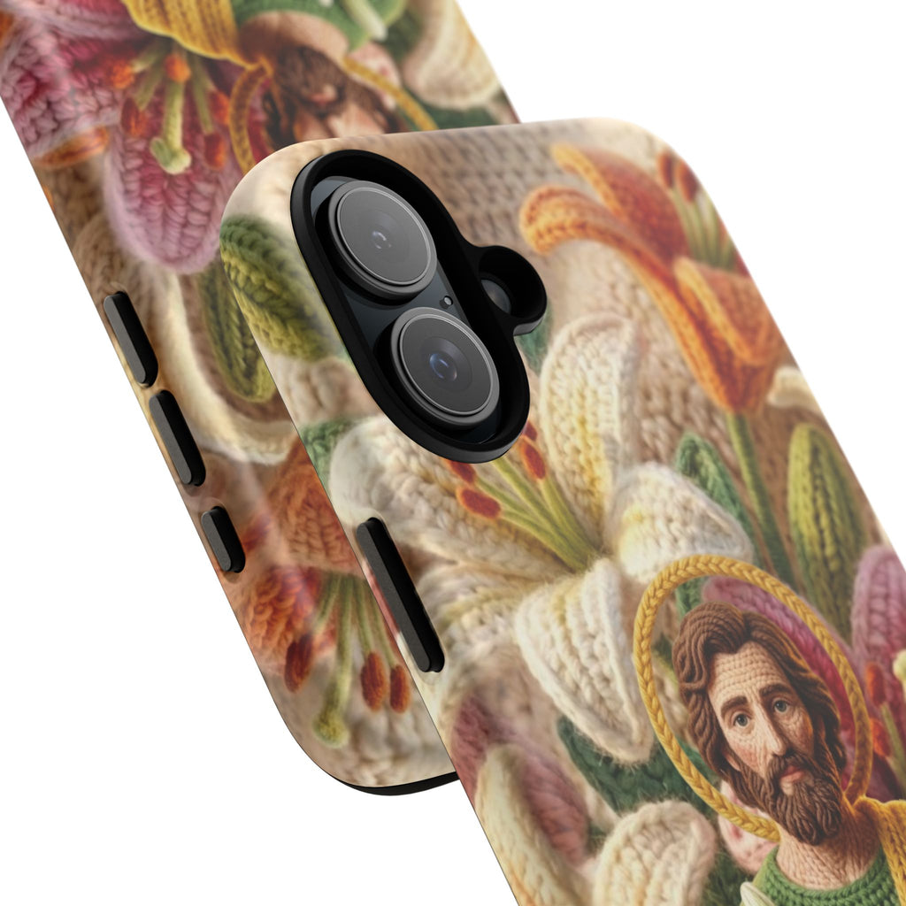 Phone Case Saint Joseph Lilies Design Holy Figure Phone Cover Faith Based Faux Yarn Saint of Workers Gift Samsung iPhone Pixel Models